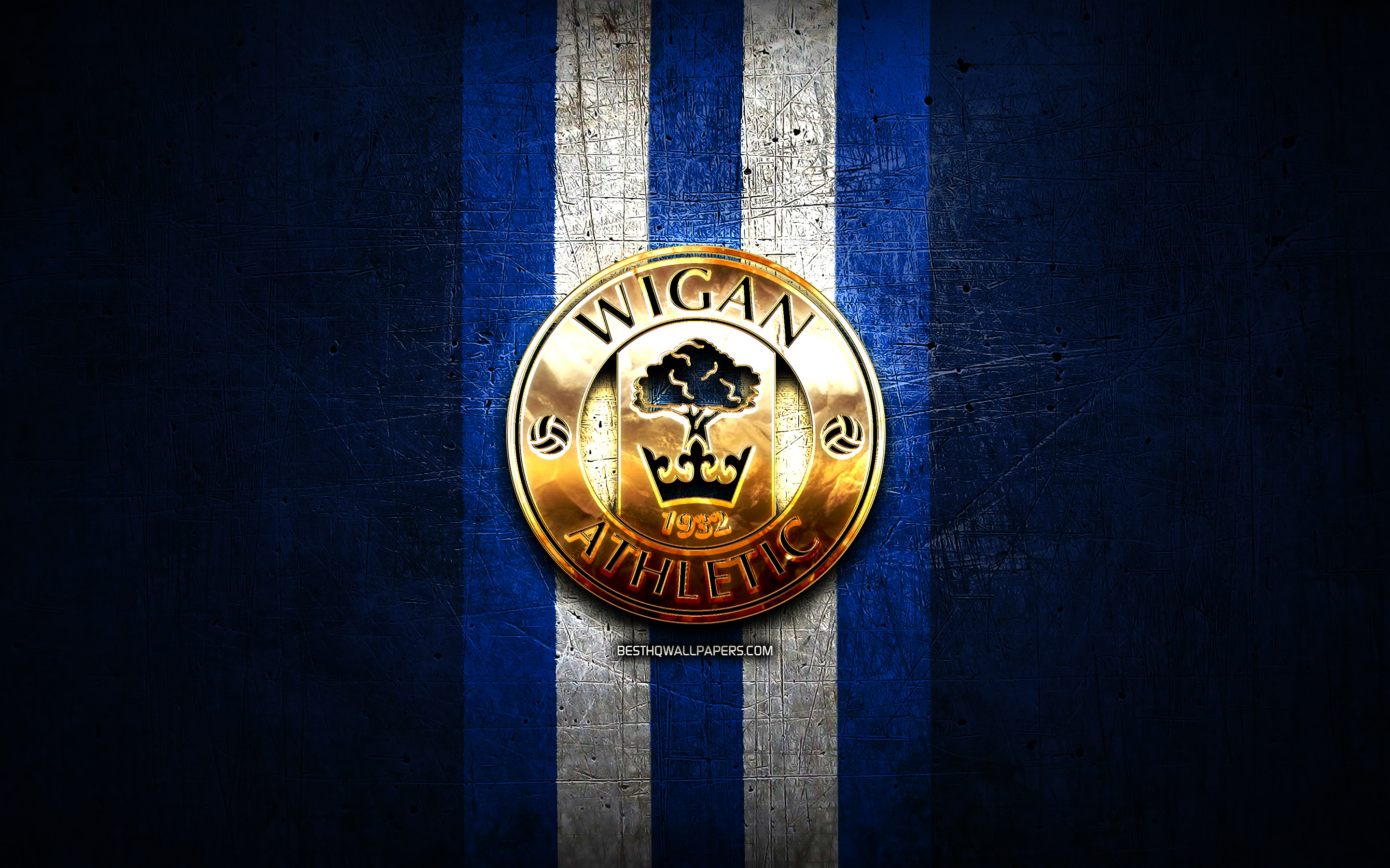 Download wallpaper Wigan Athletic FC, golden logo, EFL Championship, blue metal background, football, Wigan Athletic, english football club, Wigan Athletic logo, soccer, England for desktop with resolution 2880x1800. High Quality HD picture