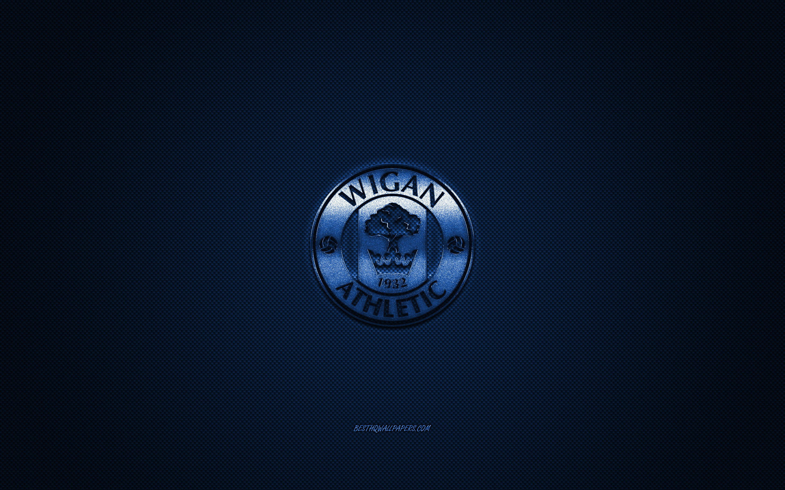 Download wallpaper Wigan Athletic FC, English football club, EFL Championship, blue logo, blue carbon fiber background, football, Wigan, England, Wigan Athletic FC logo for desktop with resolution 2560x1600. High Quality HD picture