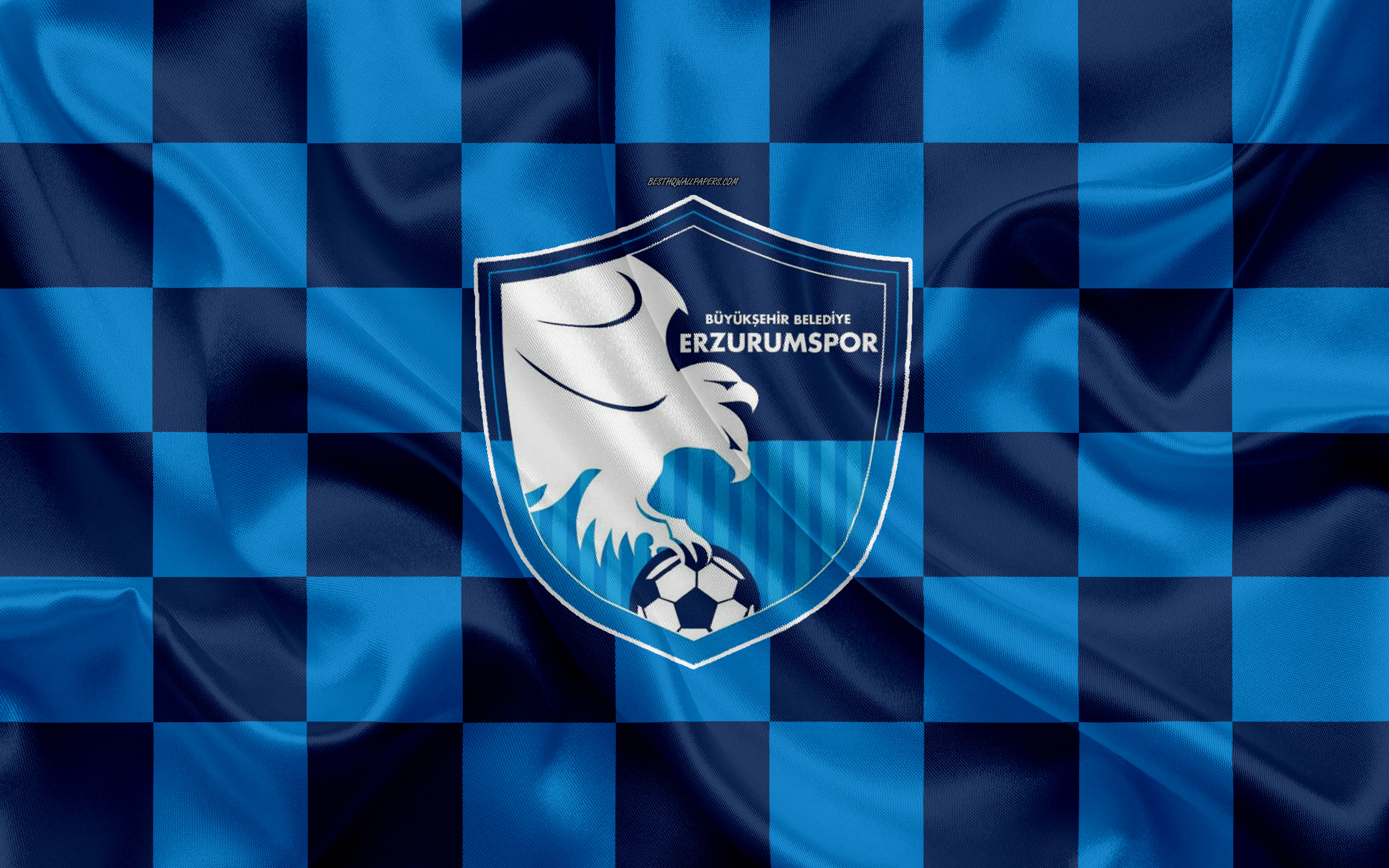 Download wallpaper Buyuksehir Belediye Erzurumspor, 4k, logo, creative art, blue black checkered flag, Turkish football club, emblem, silk texture, Erzurum, Turkey, Erzurum BB for desktop with resolution 3840x2400. High Quality HD picture