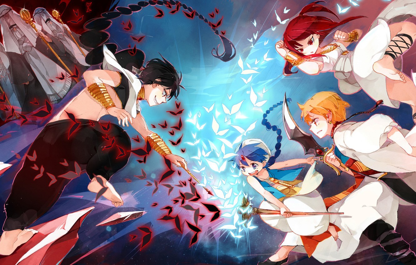 Wallpaper girl, fight, guys, Aladdin, Morgiana, Ali Baba Saluja, Magi: The Labyrinth of Magic, Judal, bird movement image for desktop, section прочее