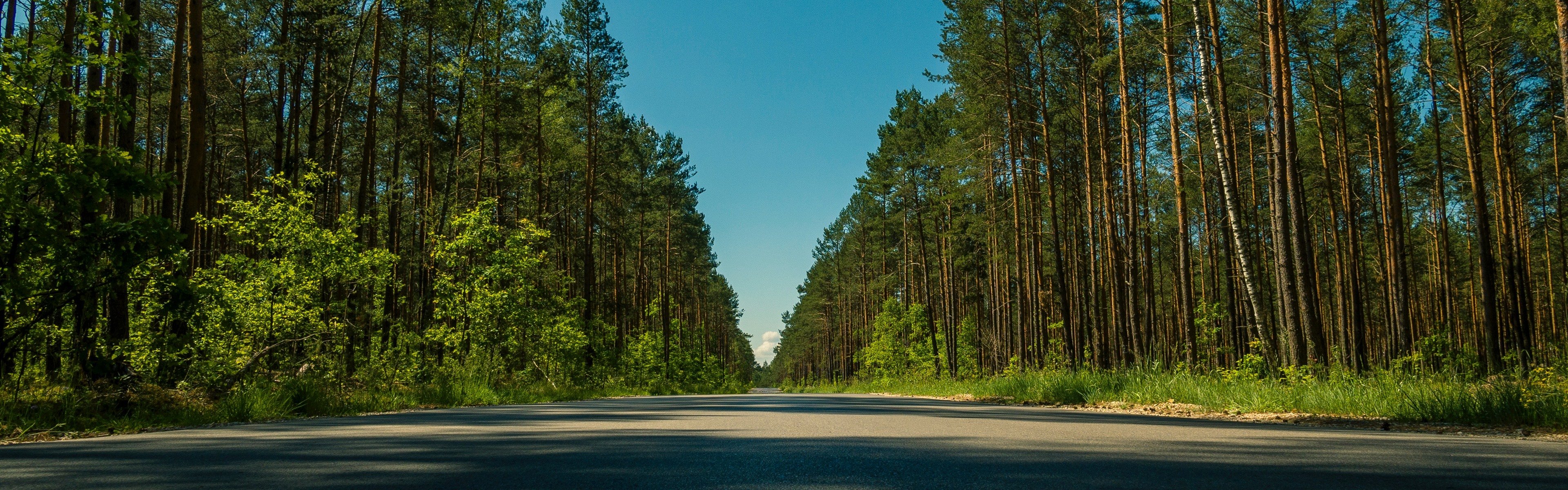 Wallpaper Trees, road, shadow, summer, blue sky 3840x1200 Multi Monitor Panorama Picture, Image
