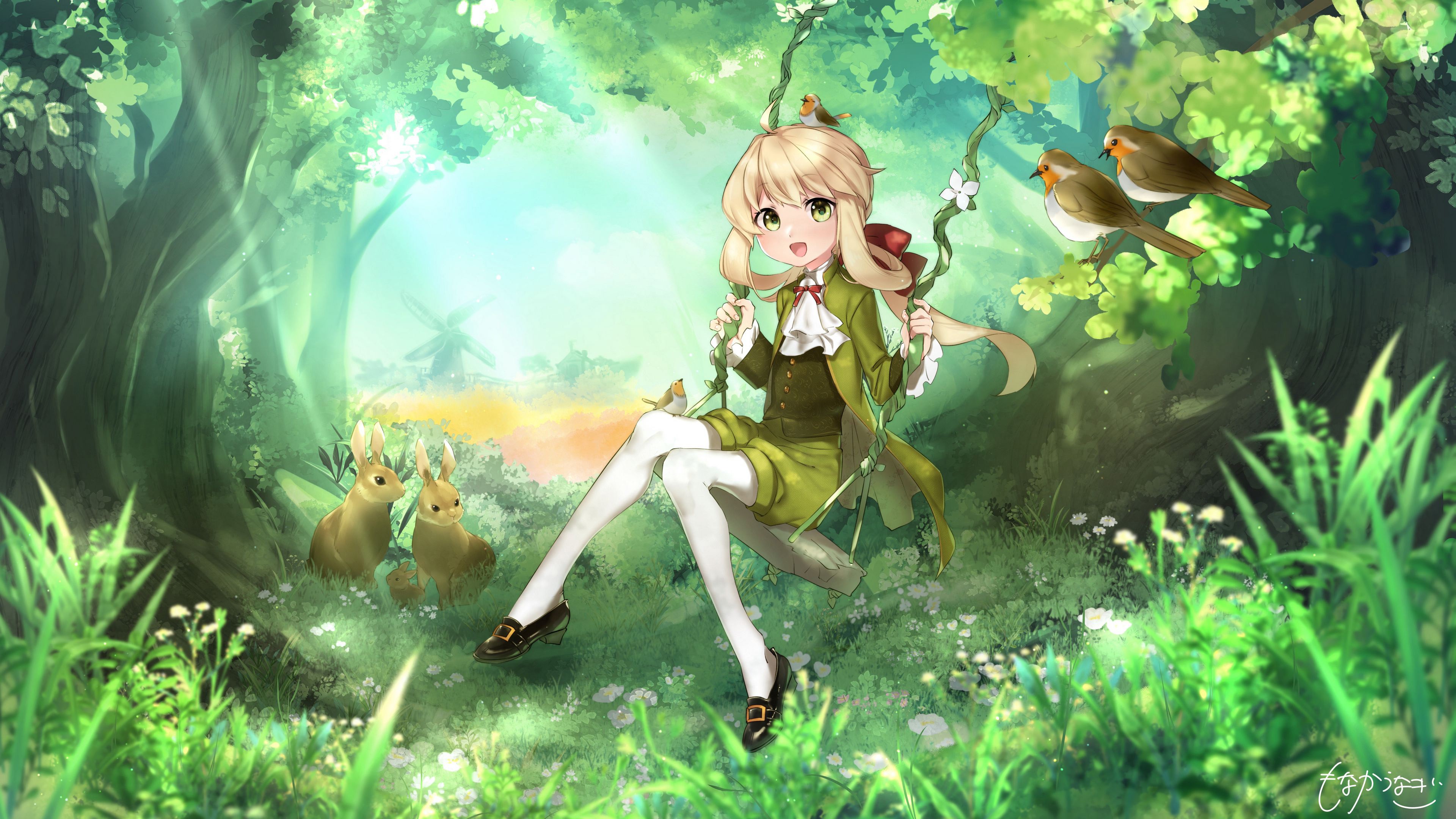 Anime Girl Swing Forest Green Eyes 4K HD Anime Girl Wallpaper