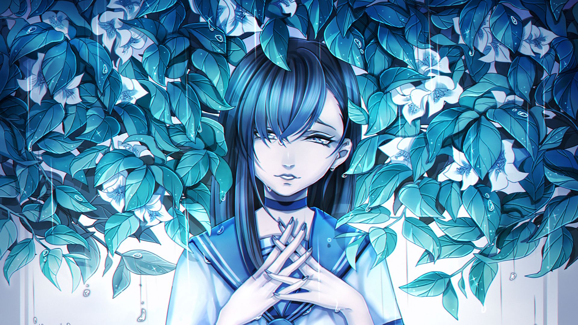 girl anime sadness leaves art wallpaper background full HD