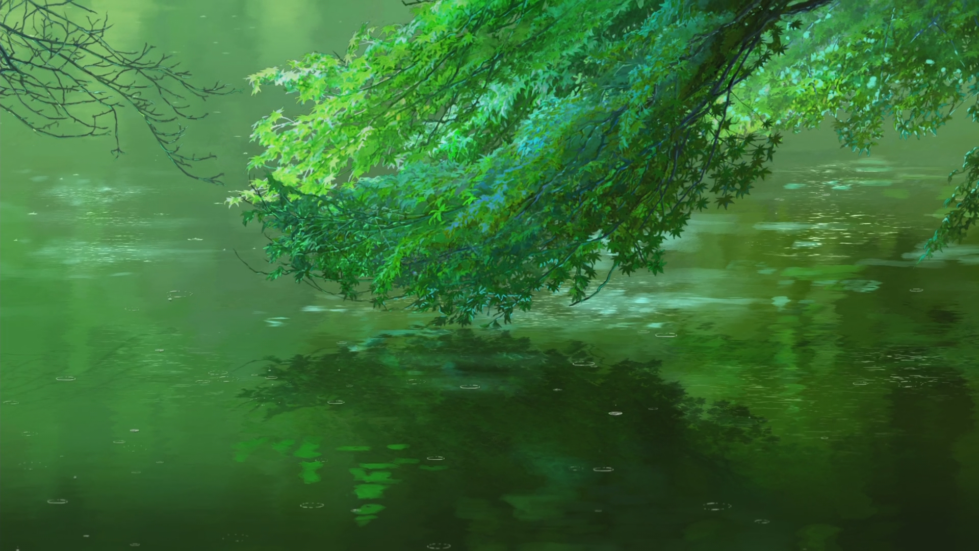 Desktop Wallpaper Anime Green Tree, Branches, Leaves, Reflections, Lake, HD Image, Picture, Background, Jqvf9g