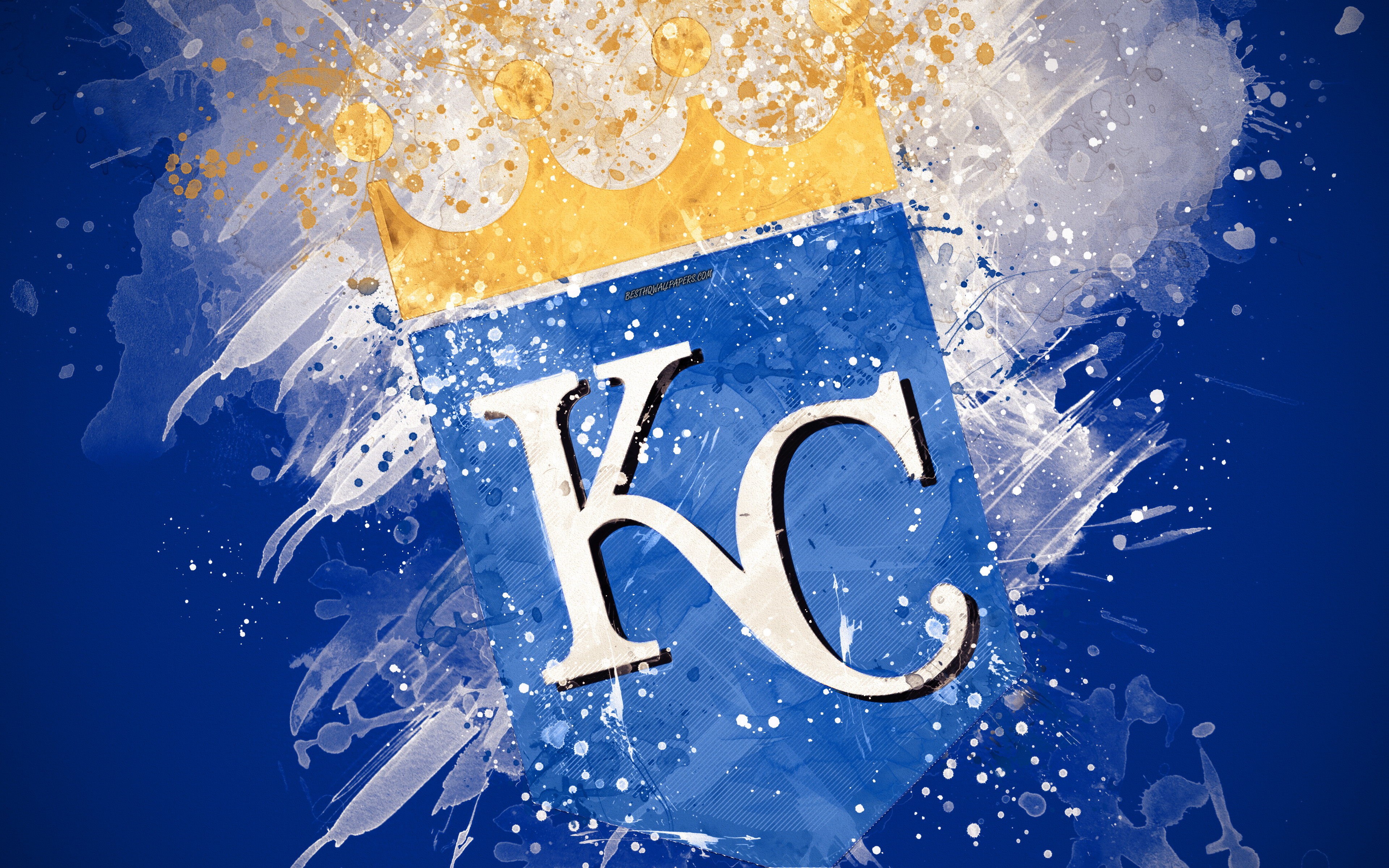 Download wallpaper Kansas City Royals, 4k, grunge art, logo, american baseball club, MLB, blue background, emblem, Kansas City, Missouri, USA, Major League Baseball, American League, creative art for desktop with resolution 3840x2400