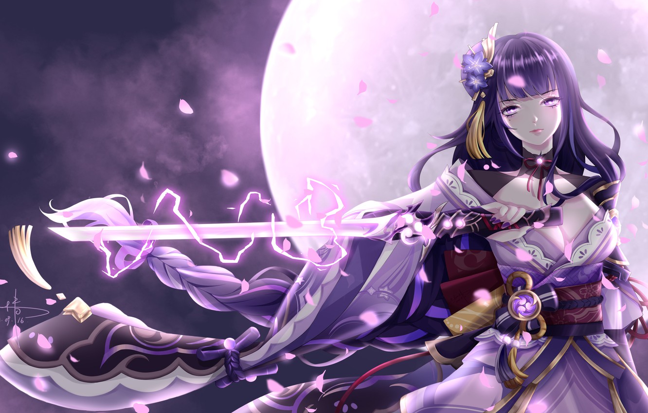 Wallpaper girl, night, the moon, zipper, sword, fantasy, Genshin Impact, Raiden Shogun image for desktop, section игры