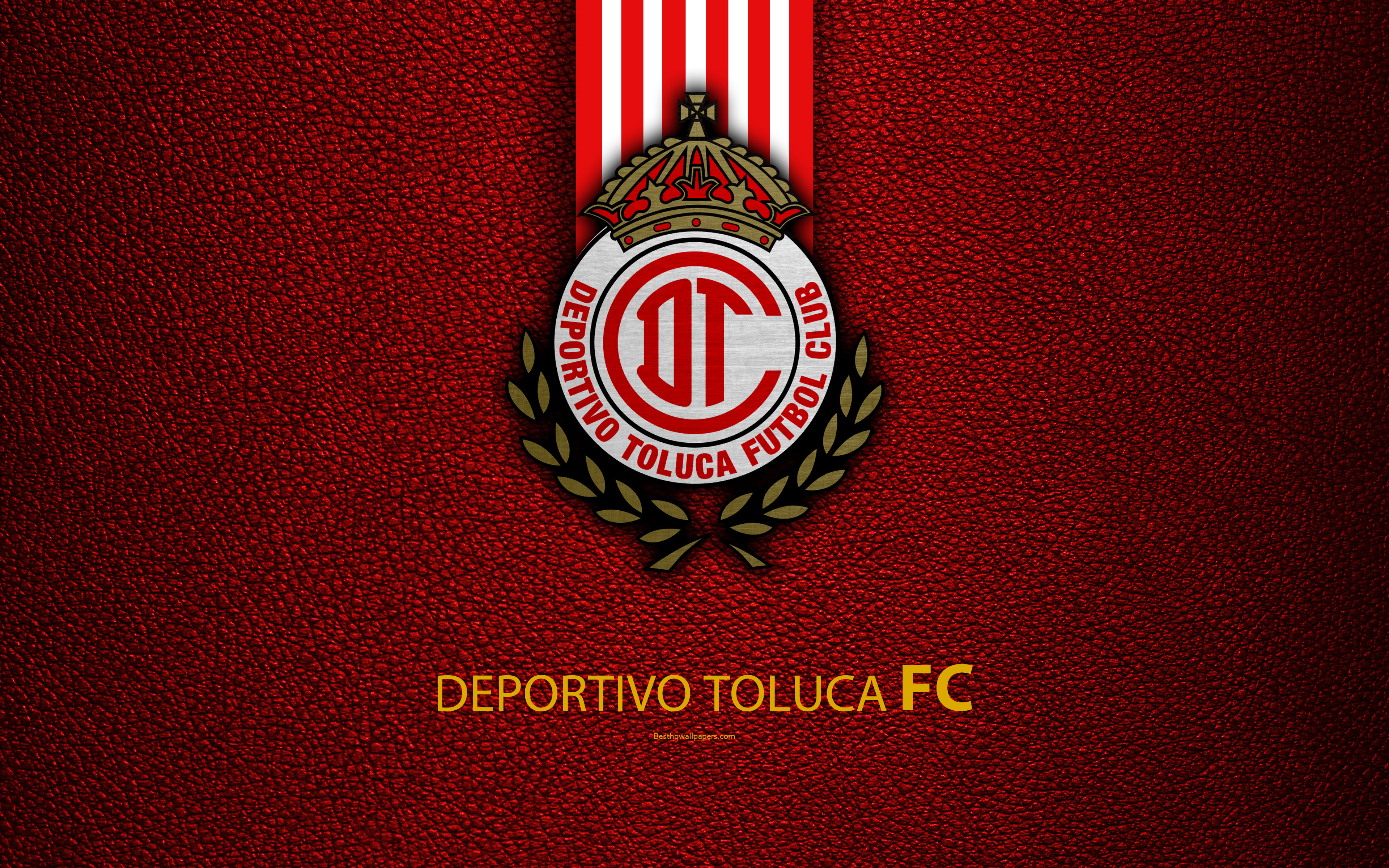 Download wallpaper Deportivo Toluca FC, 4k, leather texture, logo, Mexican football club, red white lines, Liga MX, Primera Division, Toluca de Lerdo, Mexico, football for desktop with resolution 3840x2400. High Quality HD