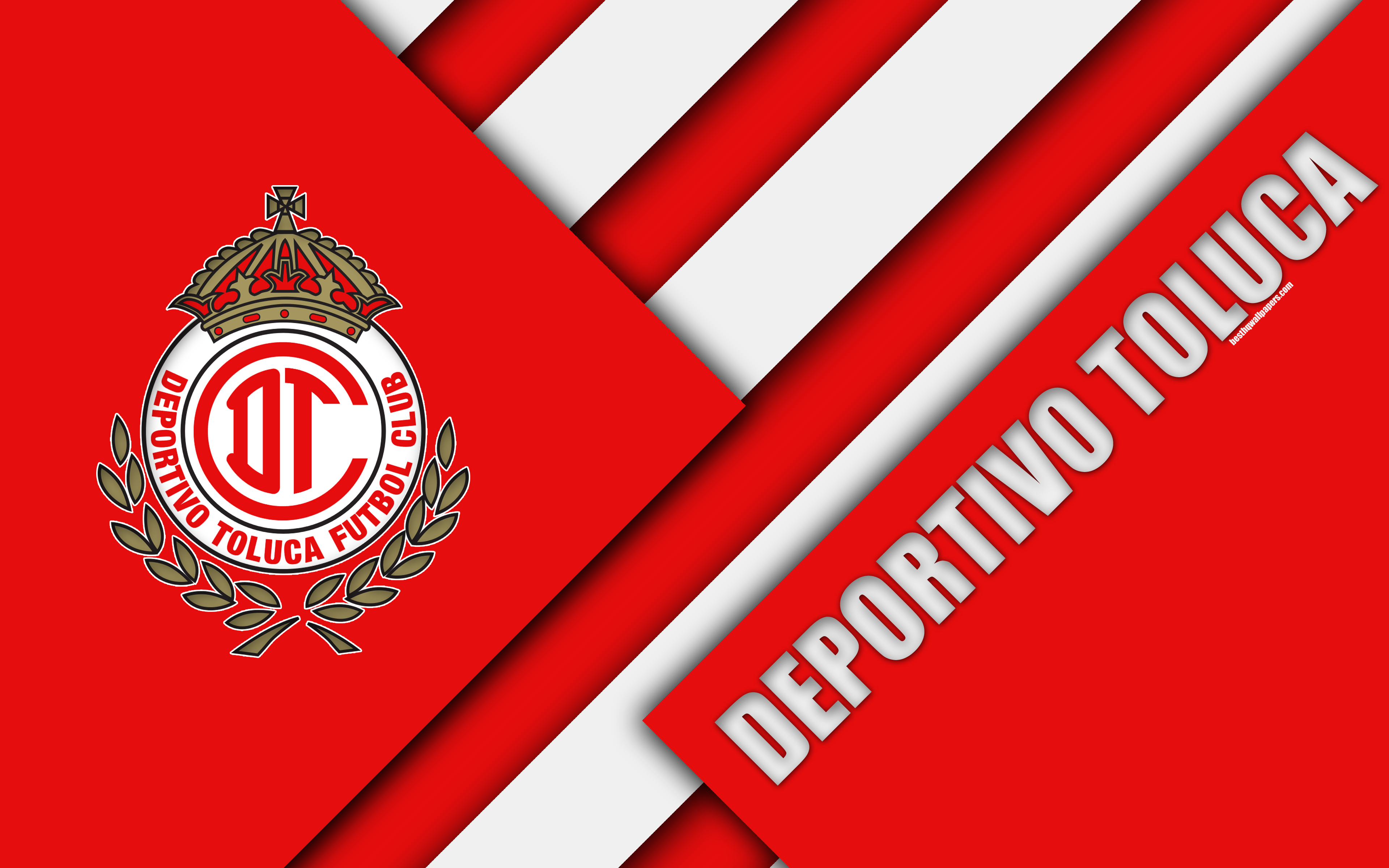 Download wallpaper Deportivo Toluca FC, 4k, Mexican Football Club, material design, logo, red white abstraction, Toluca de Lerdo, Mexico, Primera Division, Liga MX for desktop with resolution 3840x2400. High Quality HD picture