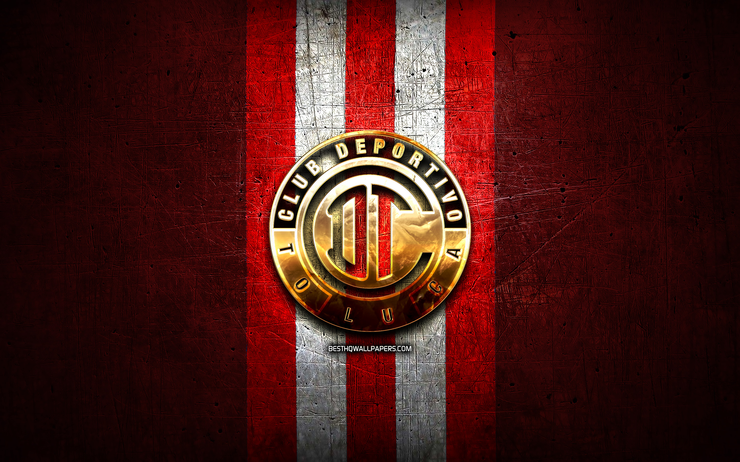 Download wallpaper Deportivo Toluca FC, golden logo, Liga MX, red metal background, football, Club Deportivo Toluca, mexican football club, Deportivo Toluca logo, soccer, Mexico for desktop with resolution 2880x1800. High Quality HD