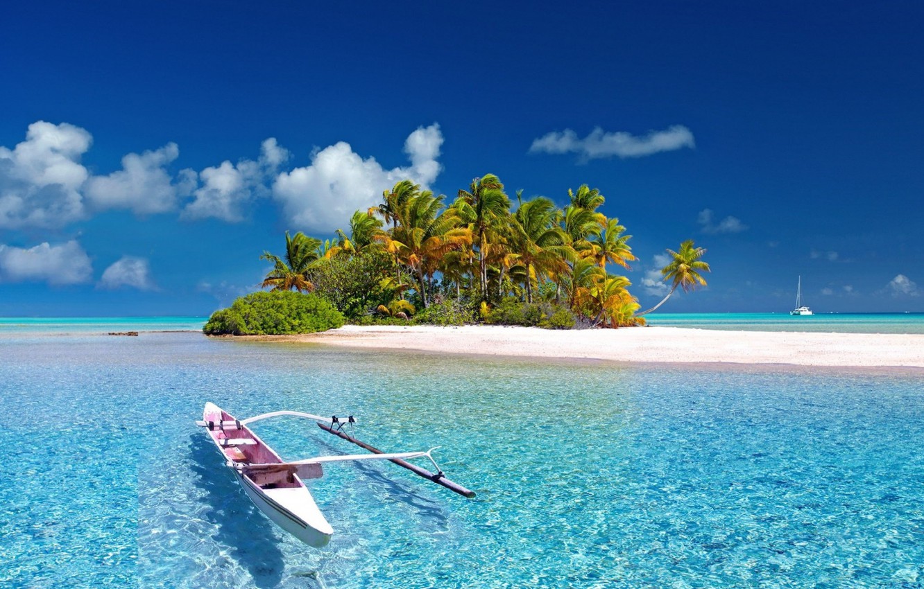 Wallpaper Paradise, Blue, Wallpaper, Summer, Ocean, Island, Boat image for desktop, section пейзажи
