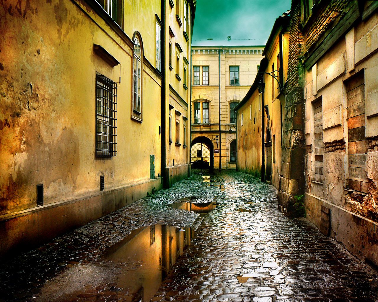 Historic street in Europe at sunset with retro vintage effect - Custom  Wallpaper