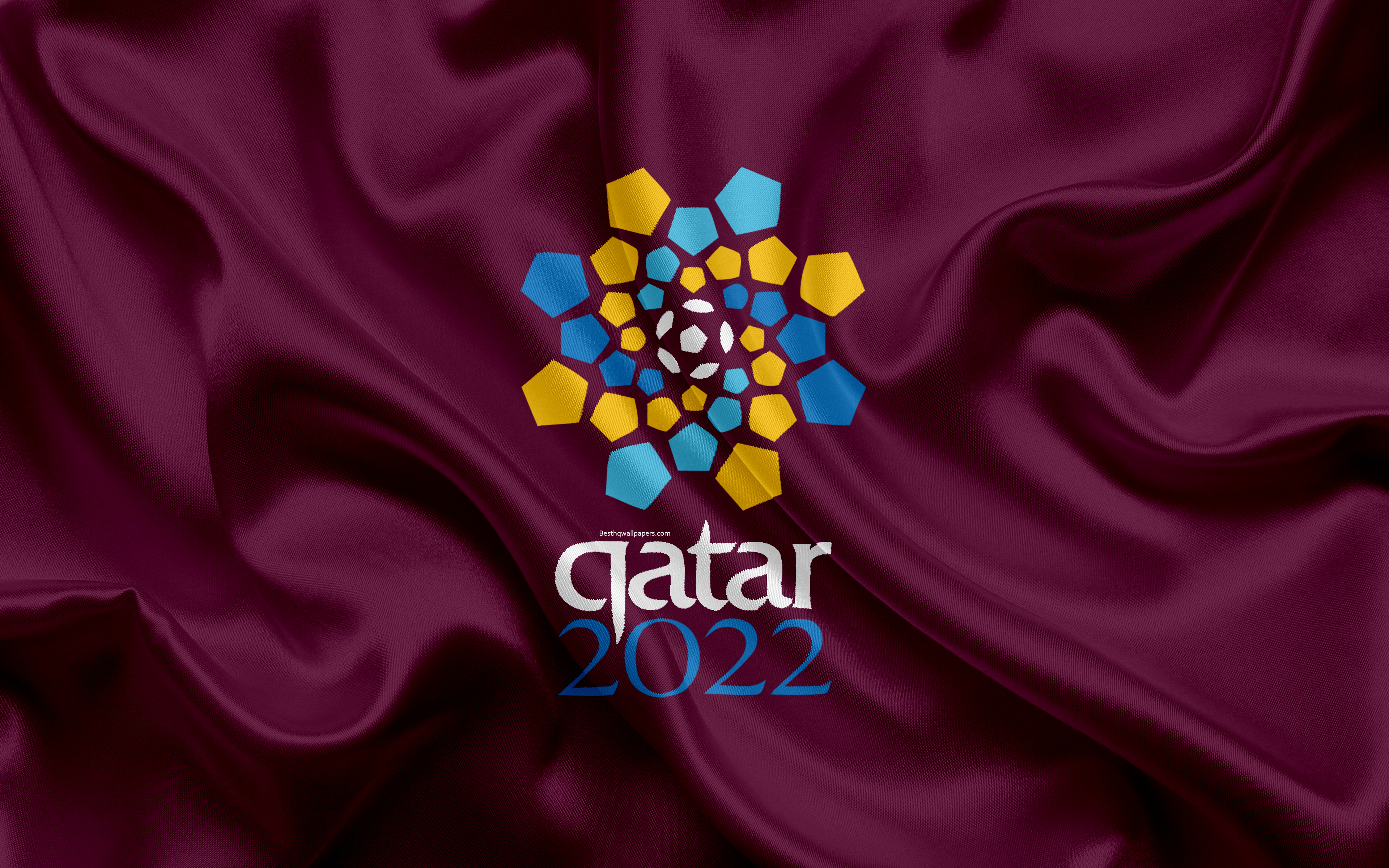 Download wallpaper World Cup Qatar FIFA World Cup, 4k, silk flag, emblem, Qatar 2022 logo, football championship for desktop with resolution 3840x2400. High Quality HD picture wallpaper