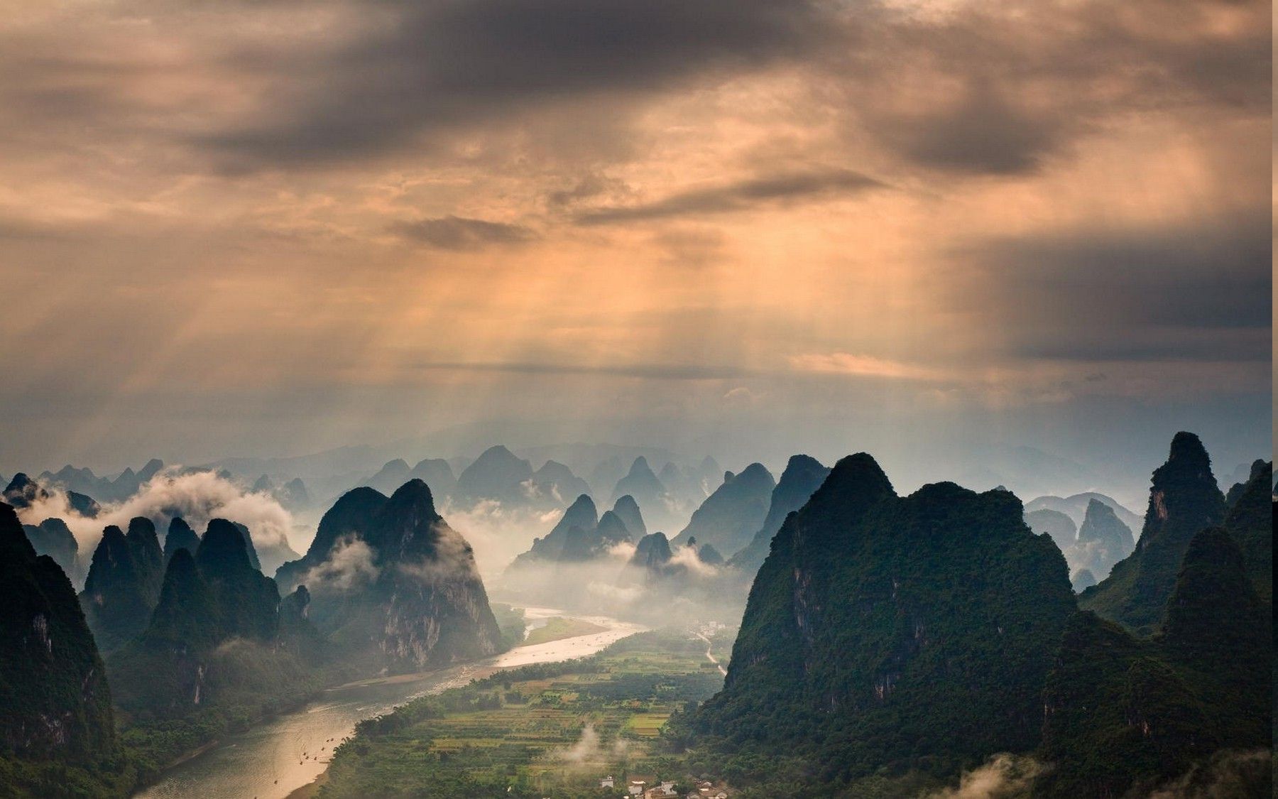 mountain, Mist, River, Nature, Guilin, China, Landscape, Sun Rays, Clouds, Sunrise, Field, Forest. Desktop background image, Background image, Forest wallpaper