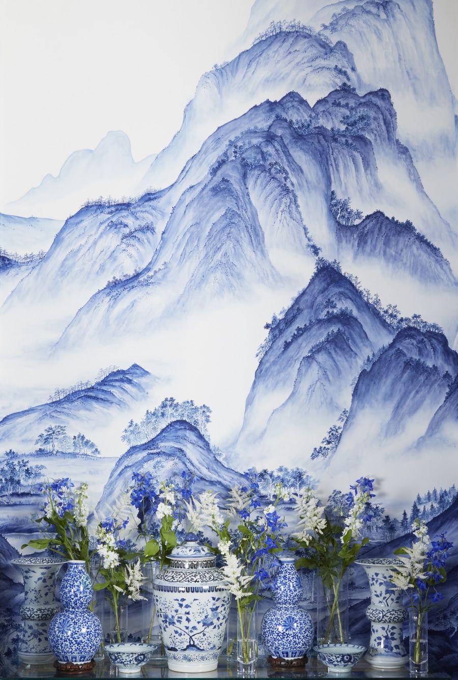 Chinoiserie Blue Mint Mountains and Sunrise Wallpaper Chinese