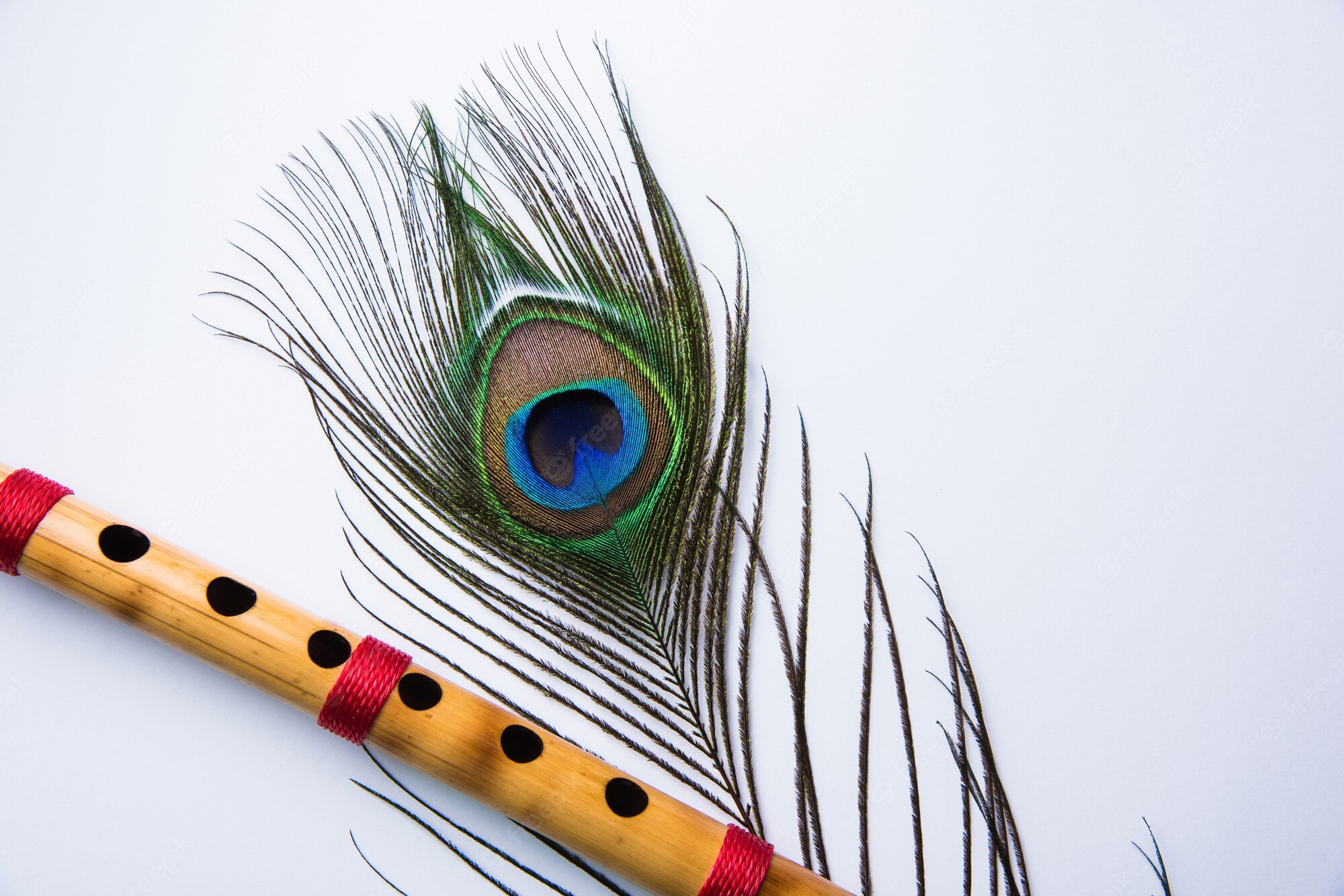 Premium Photo. Peacock feather and bamboo flute over colourful background