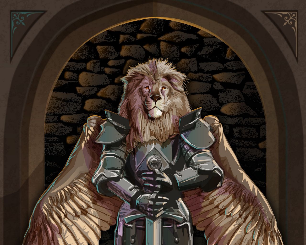 Download wallpaper 1280x1024 lion, warrior, armor, sword, wings, art standard 5:4 HD background