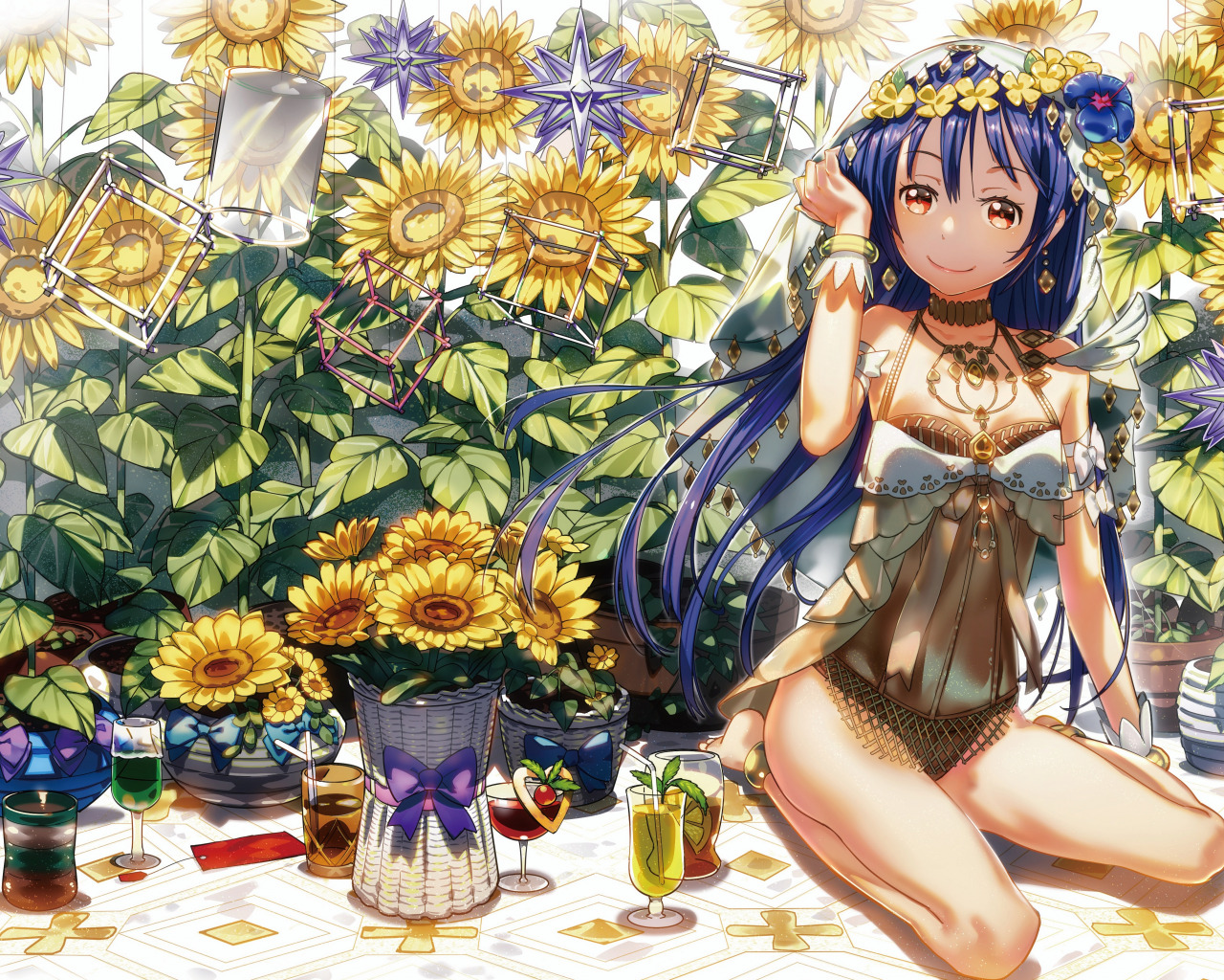 Download wallpaper summer, girl, flowers, anime, love live! school idol project, section shonen in resolution 1280x1024