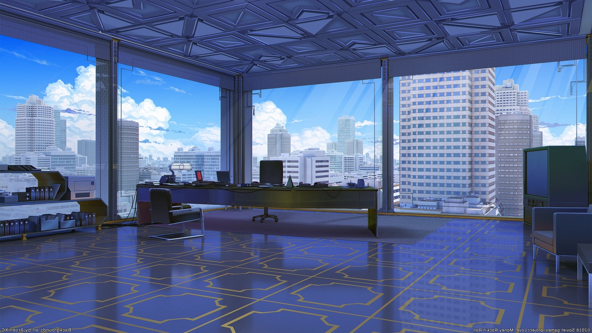 Wallpaper Cityscape, Building, Anime Office, Scenic:1920x1080