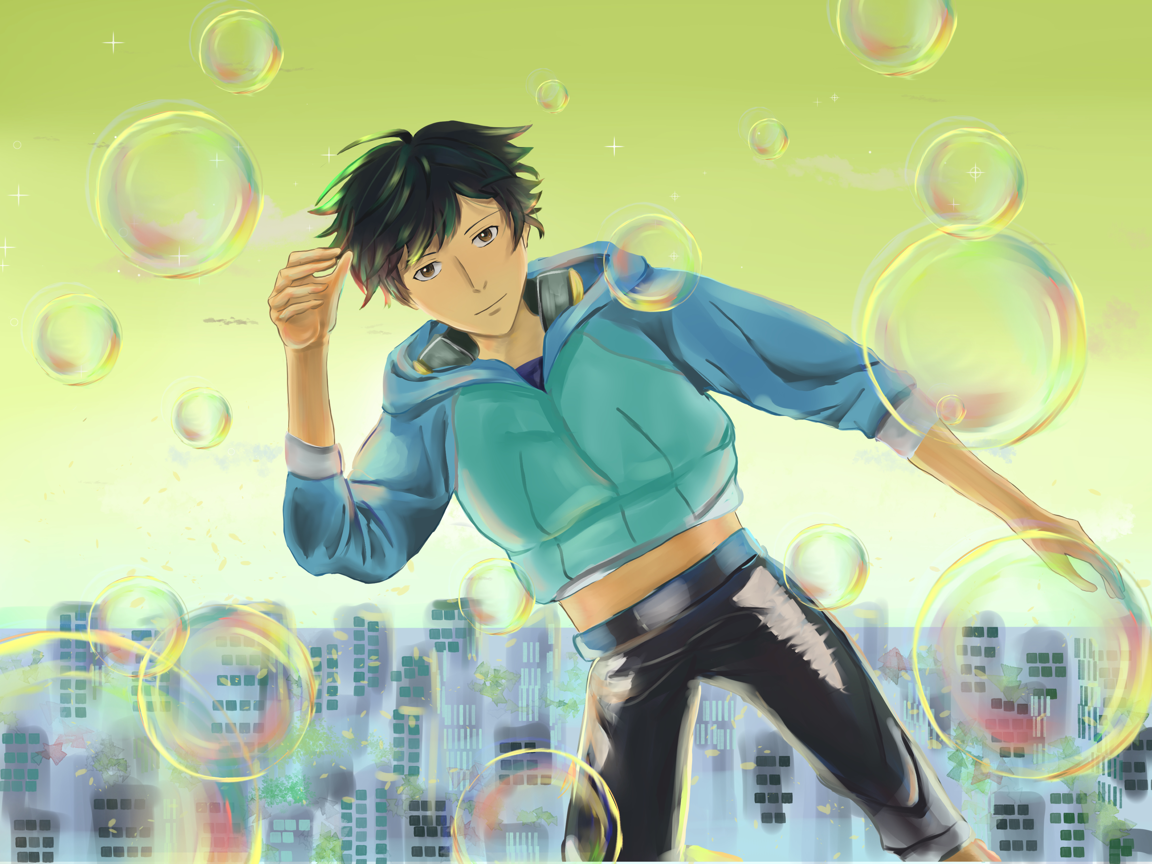 steep-mallard91: girl cute anime bubbles hearts happy spacesuit leaping  rainbow
