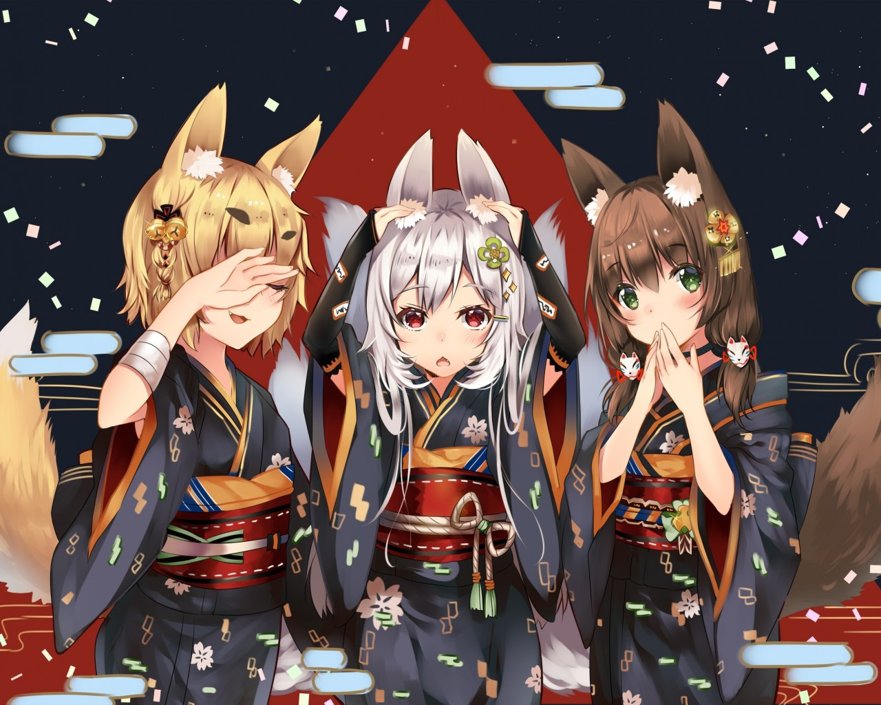 Download 1280x1024 Anime Girls, Loli, Blonde, Animal Ears, Kimono, Fox Tail, Fangs Wallpaper