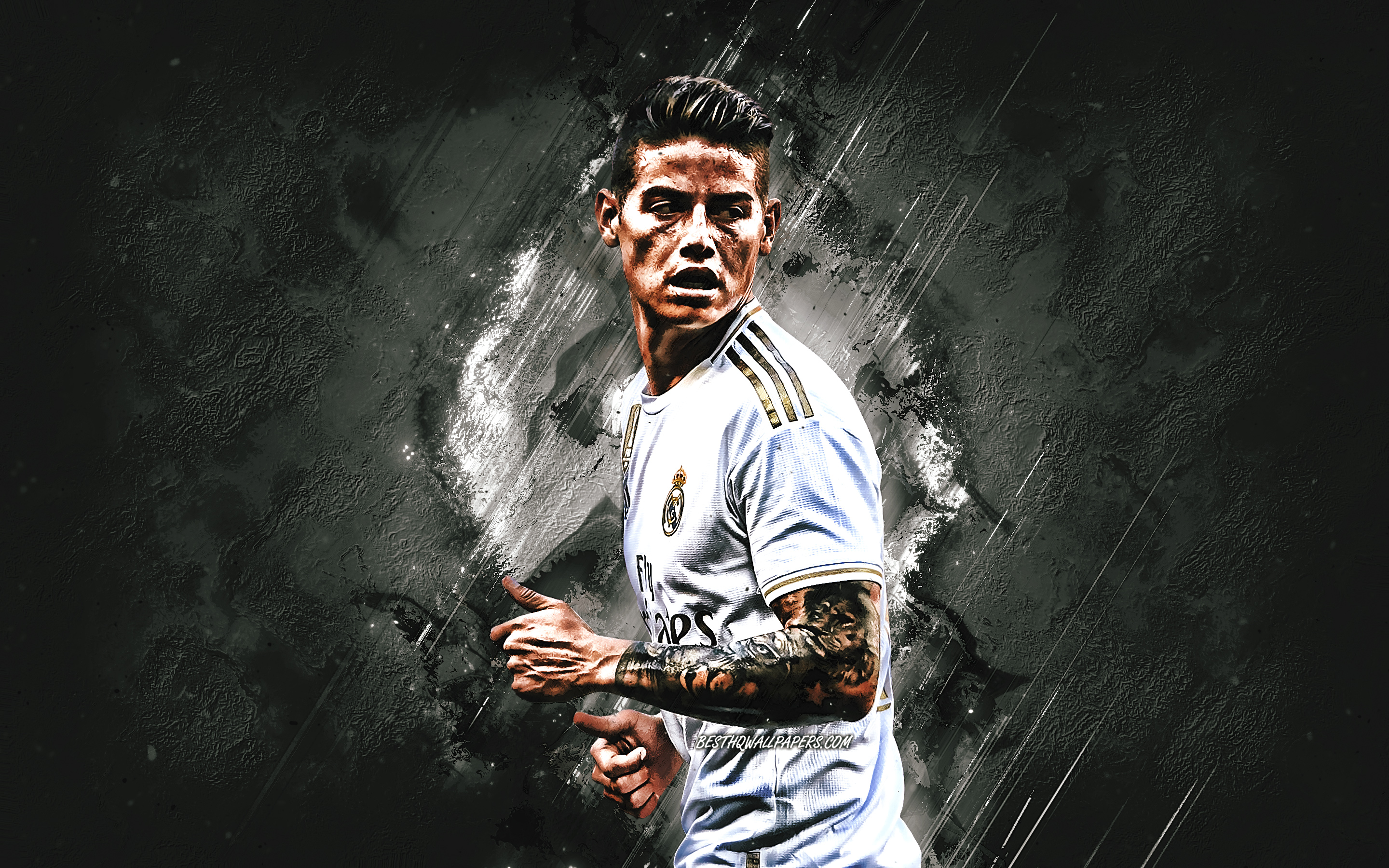 Download wallpaper James Rodriguez, Real Madrid, Colombian footballer, attacking midfielder, portrait, La Liga, Spain, gray stone background, football for desktop with resolution 2880x1800. High Quality HD picture wallpaper