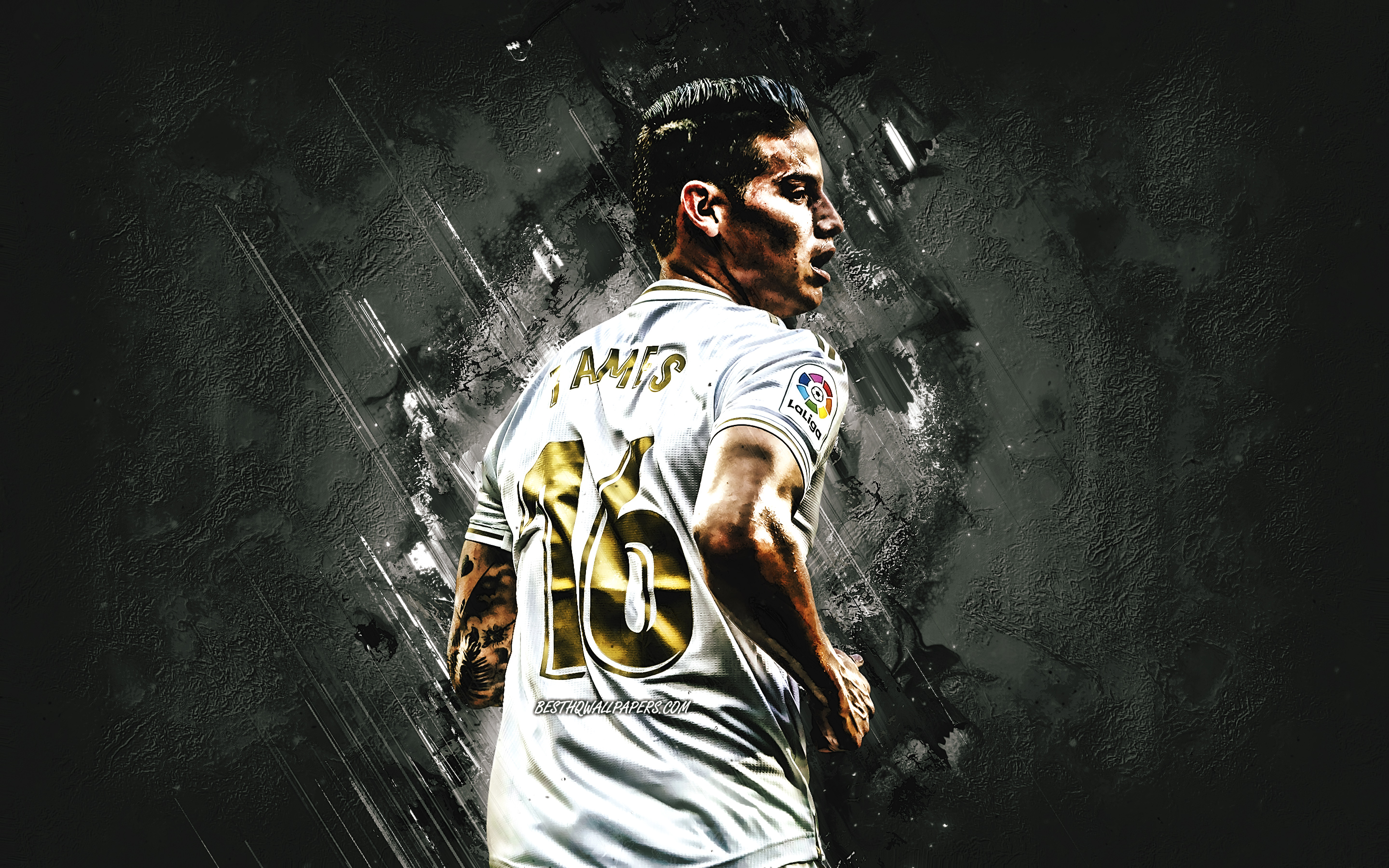Download wallpaper James Rodriguez, Colombian footballer, attacking midfielder, Real Madrid, Spain, football, La Liga, gray creative stone background, Rodriguez Real for desktop with resolution 2880x1800. High Quality HD picture wallpaper