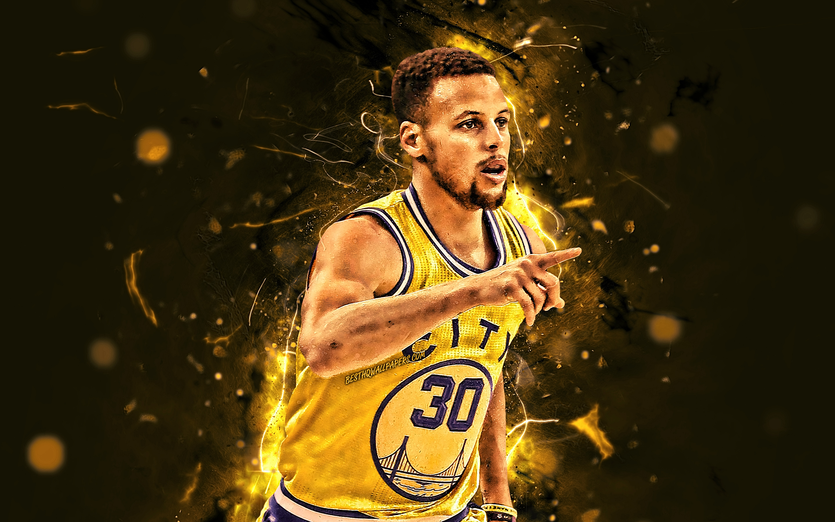 Download wallpaper Steph Curry, yellow uniform, Golden State Warriors, basketball stars, NBA, Stephen Curry, basketball, neon lights, creative for desktop with resolution 2880x1800. High Quality HD picture wallpaper