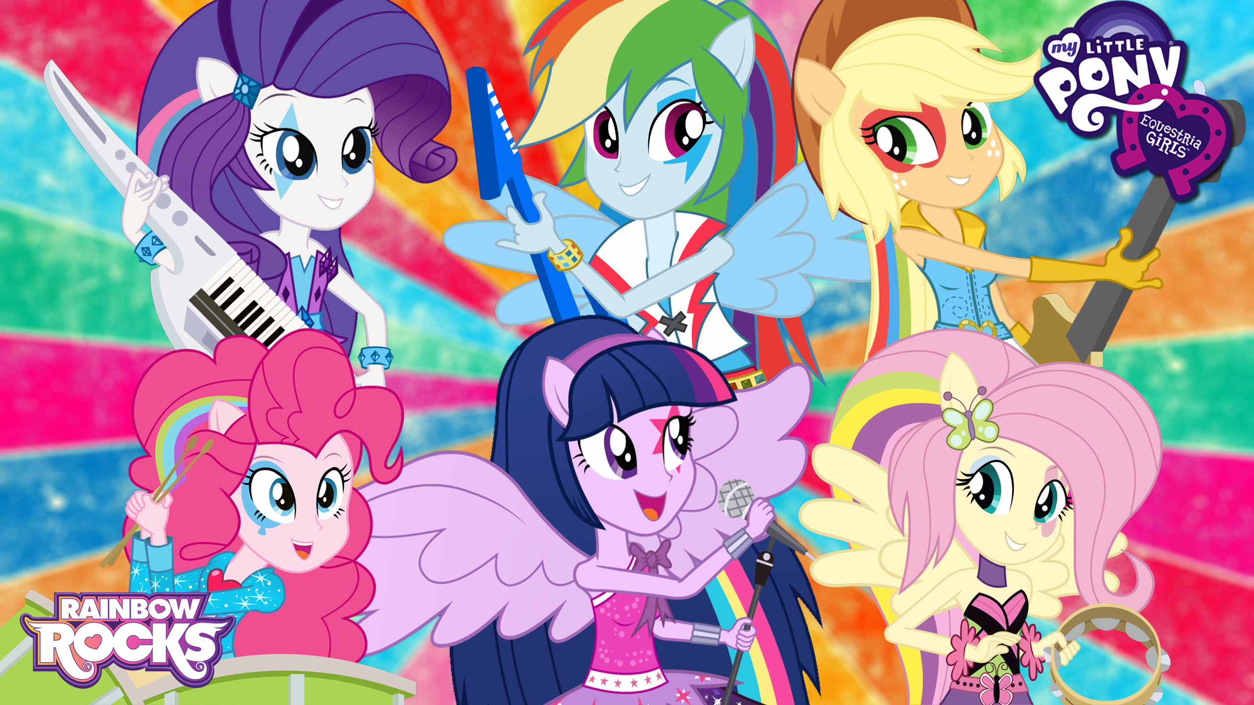 safe, artist:8ballgta3, applejack, fluttershy, pinkie pie, rainbow dash, rarity, twilight sparkle, equestria girls, rainbow rocks, bass guitar, clothes, drum kit, drums, drumsticks, electric guitar, face paint, guitar, keytar, musical instrument