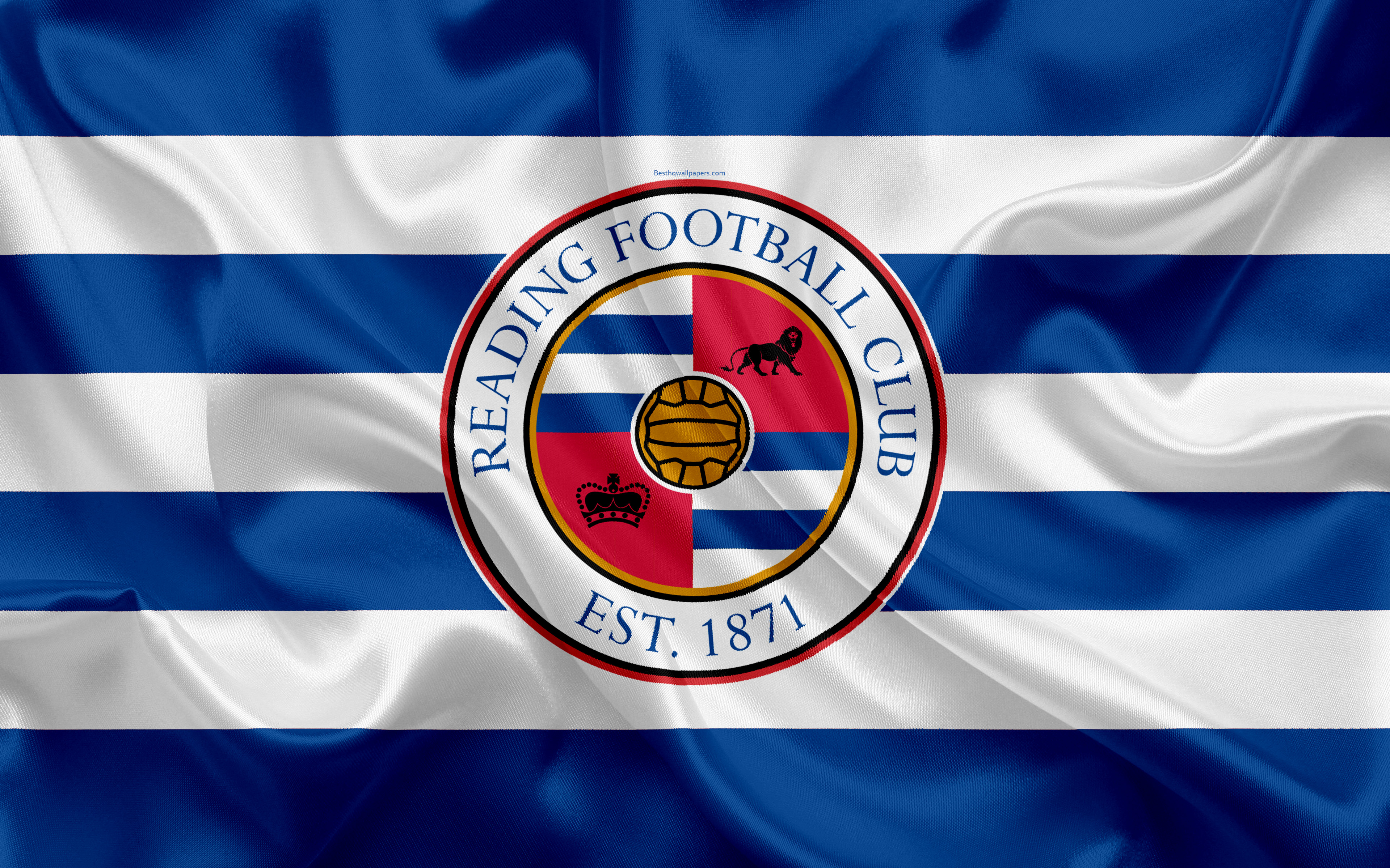 Download wallpaper Reading FC, silk flag, emblem, logo, 4k, Reading, Berkshire, UK, English football club, Football League Championship, Second League, football for desktop with resolution 3840x2400. High Quality HD picture wallpaper