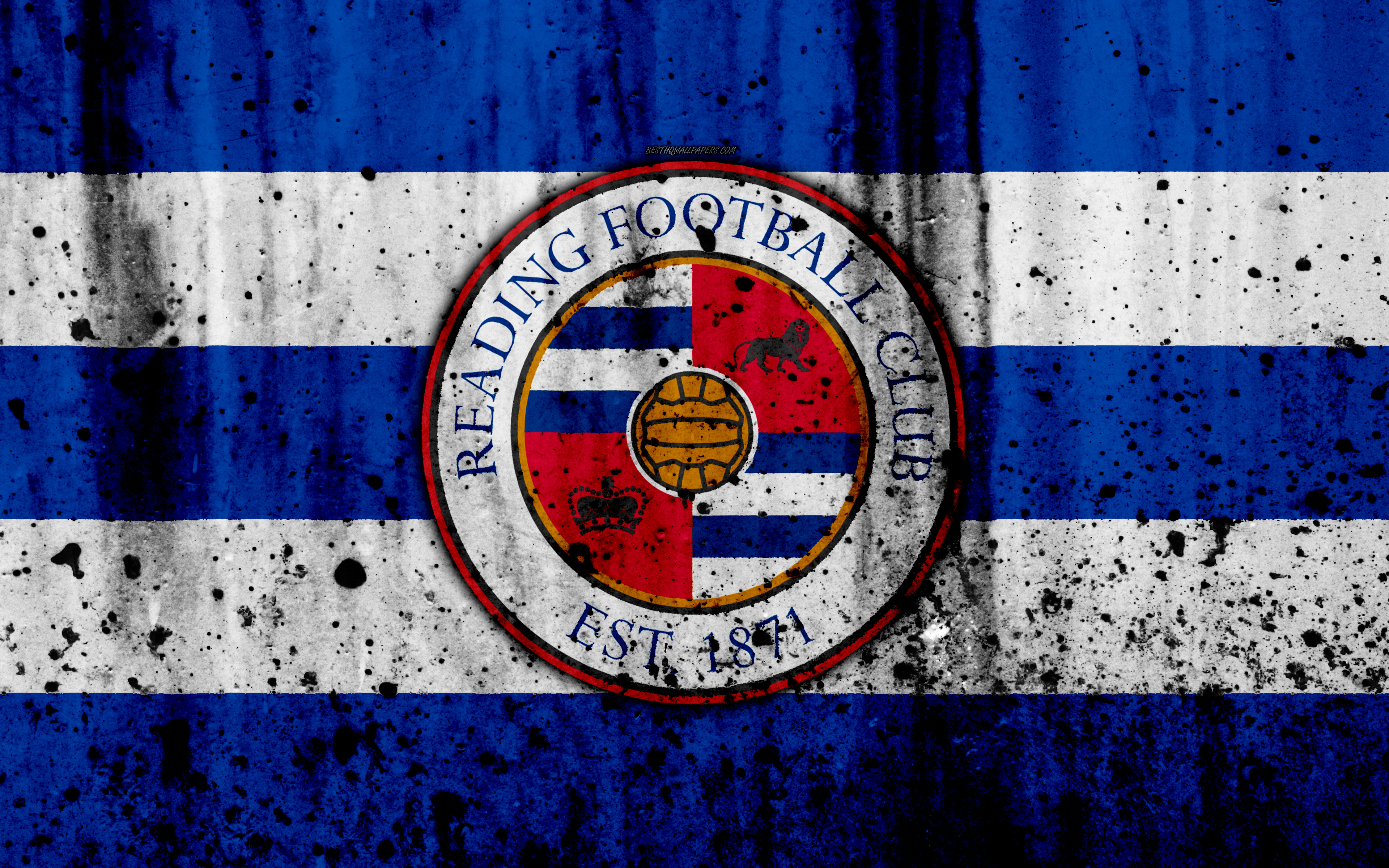 Download wallpaper 4k, FC Reading, grunge, EFL Championship, art, soccer, football club, England, Reading, logo, stone texture, Reading FC for desktop with resolution 3840x2400. High Quality HD picture wallpaper