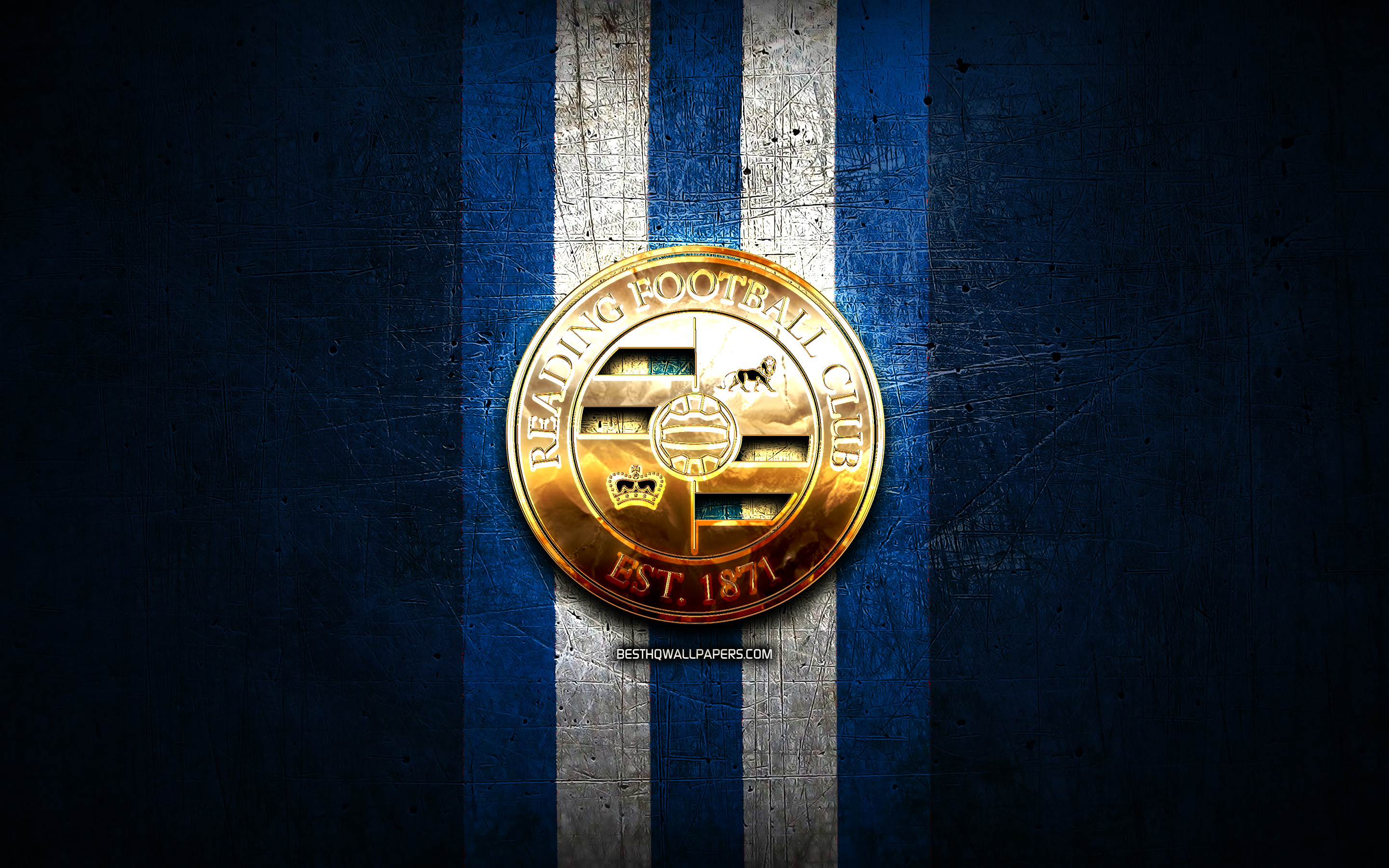 Download wallpaper Reading FC, golden logo, EFL Championship, blue metal background, football, FC Reading, english football club, Reading FC logo, soccer, England for desktop with resolution 2880x1800. High Quality HD picture wallpaper