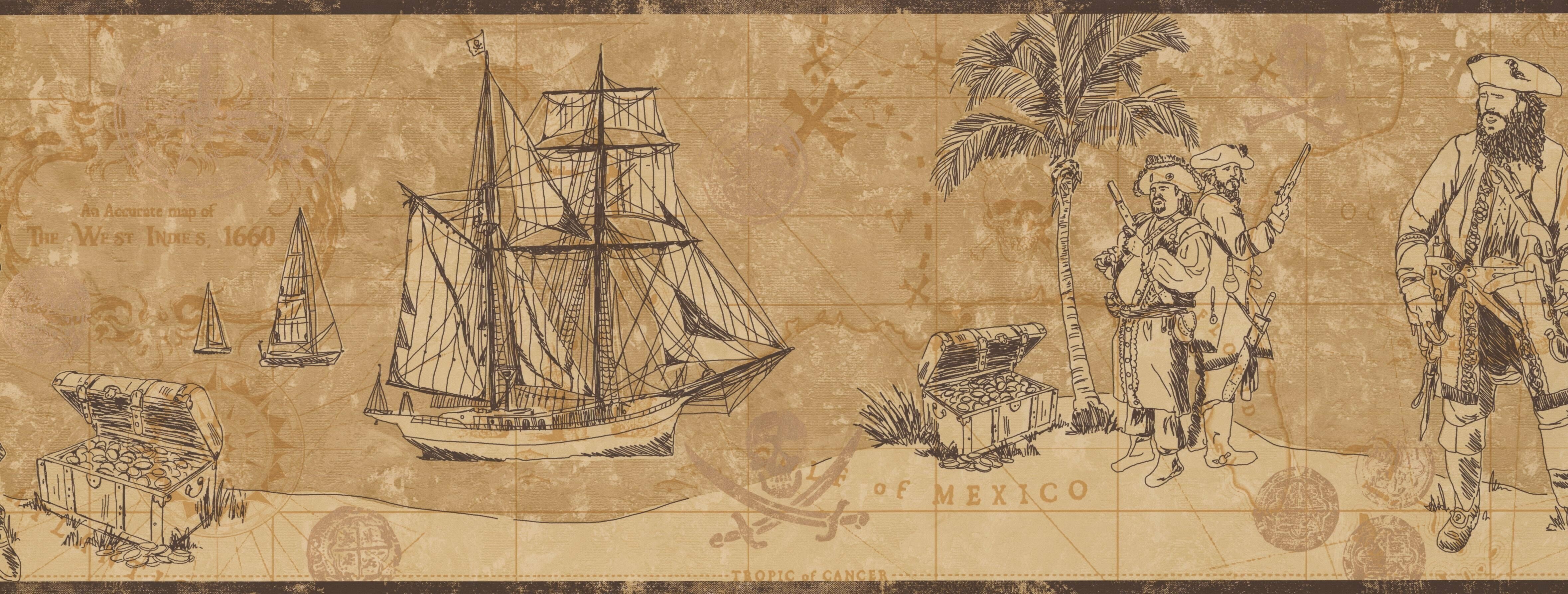 York Wallcoverings Pirates Map Chest of Gold Frigate Sail Ship 15' L x 9 W Abstract Wallpaper Border
