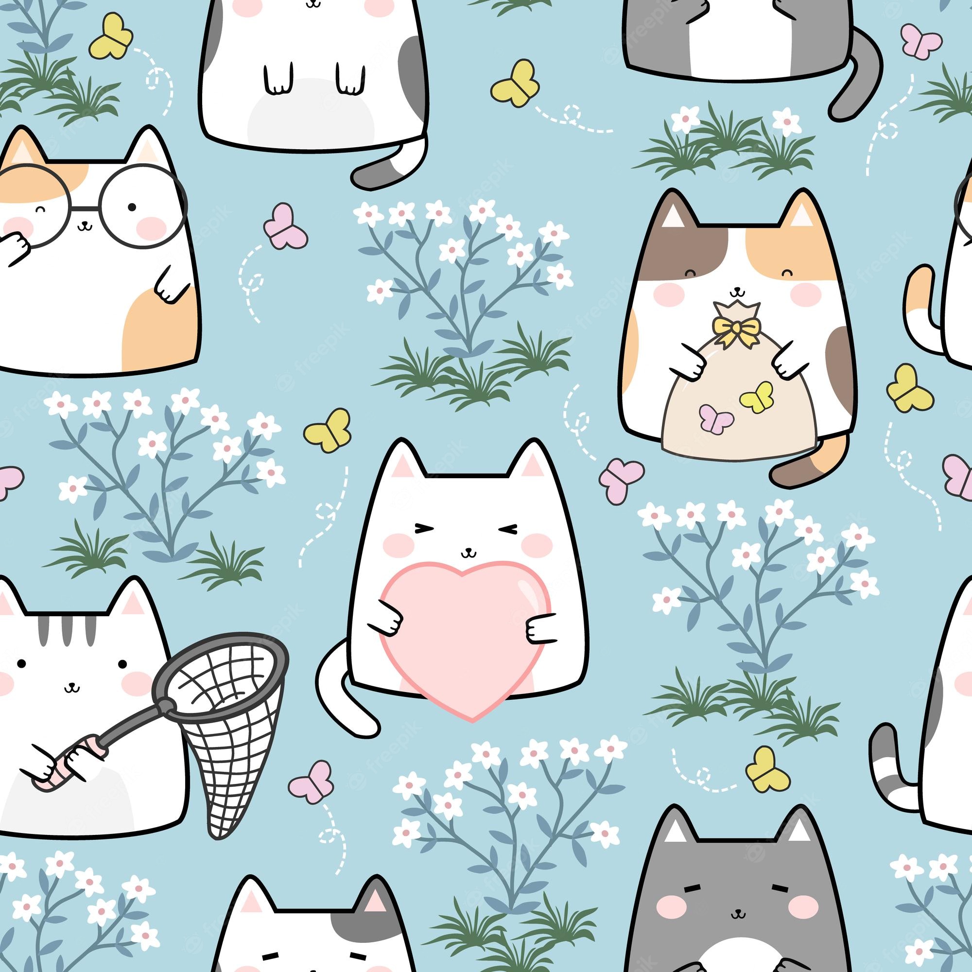 Premium Vector. Seamless pattern kawaii cute spring cat cartoon animals background vector illustration
