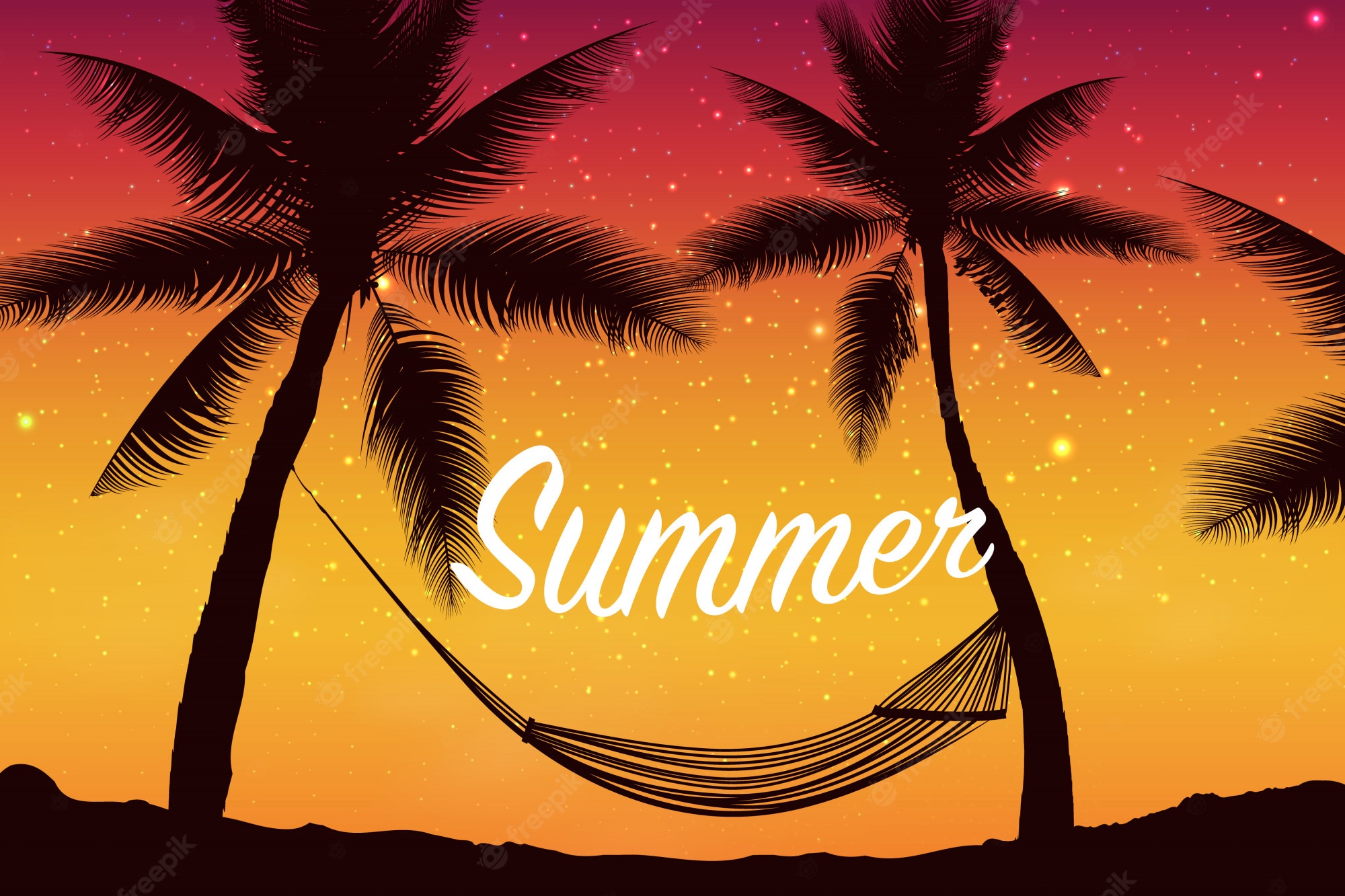 Premium Vector. Hello summer. tropical summer background with with palms, sky and sunset. summer placard poster flyer invitation card. summer time. colorful illustration for banners, wallpaper, flyers