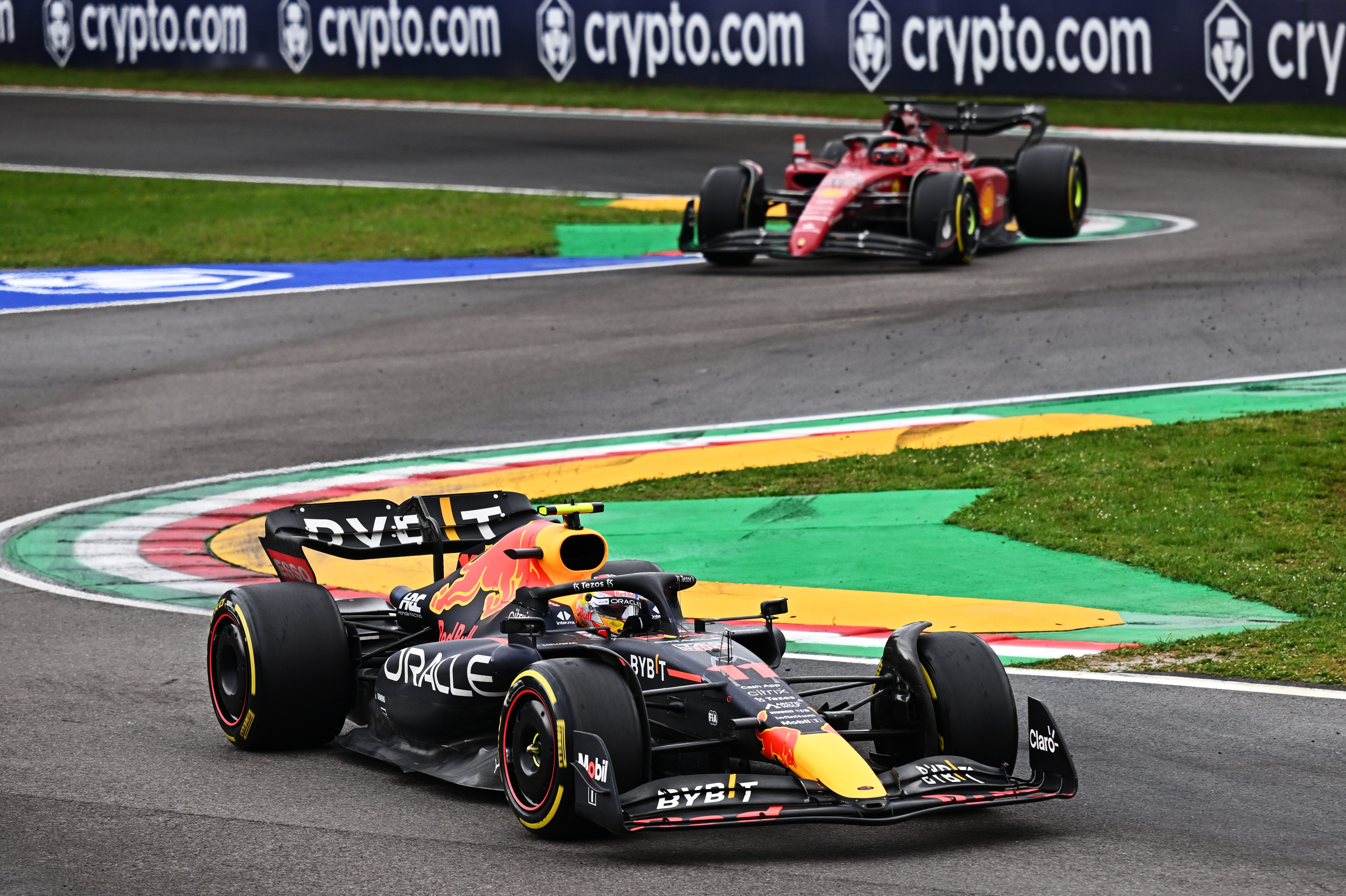 Sergio Perez Of Mexico Driving The (11) RB18 Leads Charles Leclerc Of Monaco Driving (16) The Ferrari F1 75 At Imola, 2022. (Photo By Clive Mason Getty Image)[4938×3290]