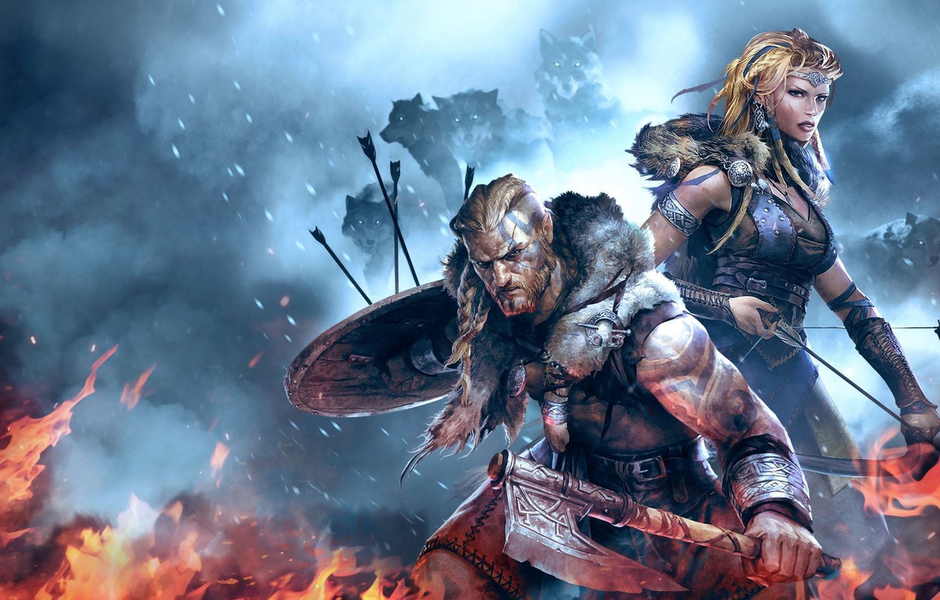 Wallpaper girl, woman, wolf, bow, viking, shield, arrow, bishojo, axa, Vikings: Wolves of Midgard image for desktop, section игры