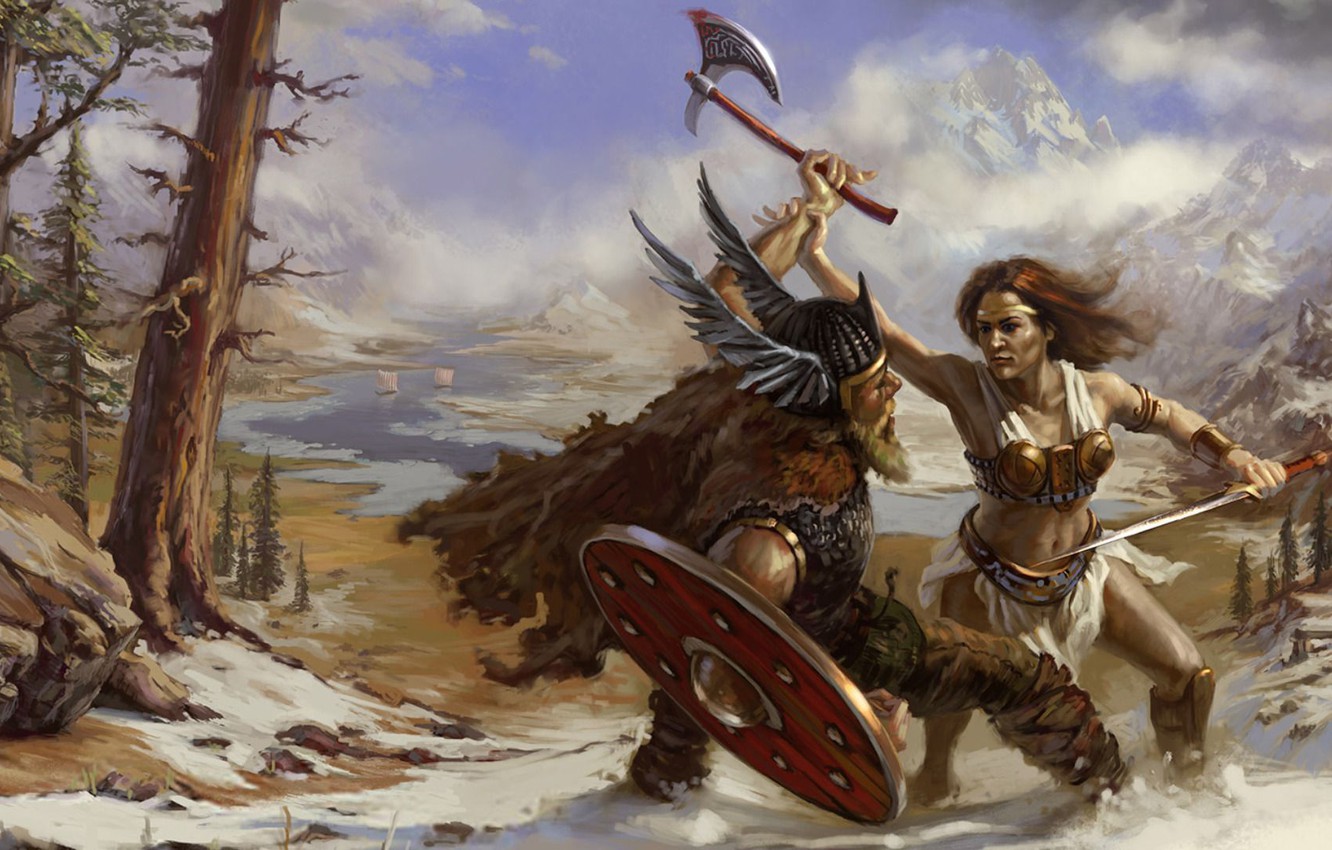 Wallpaper nature, rage, helmet, battle, axe, shield, Viking, girl warrior image for desktop, section живопись