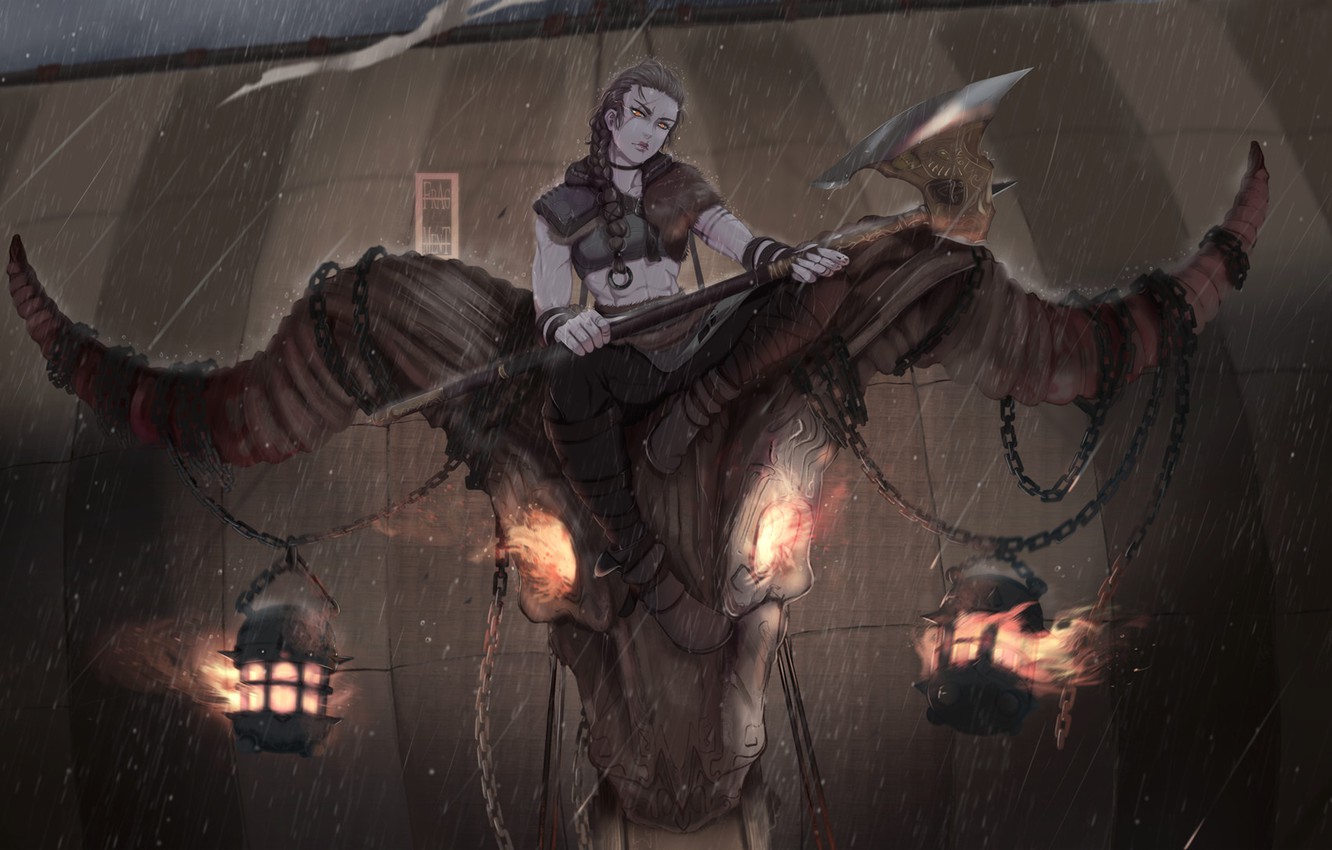 Wallpaper Girl, Armor, Ship, Rain, Warrior, Axe, Warrior, Rain, Sail, The shower, Viking, Vikings, Armor, Raider, The Vikings, Ship image for desktop, section фантастика