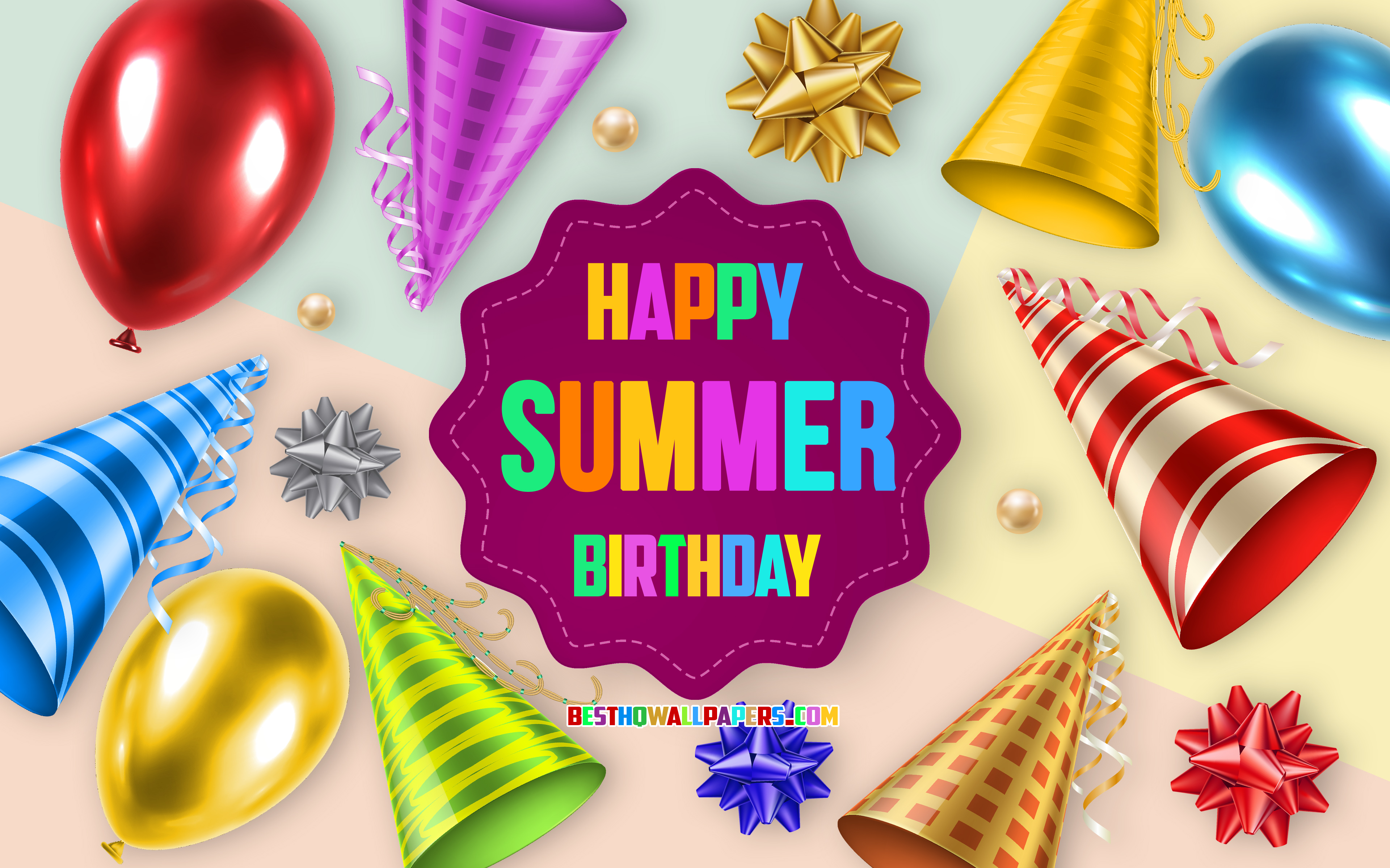 Download wallpaper Happy Birthday Summer, 4k, Birthday Balloon Background, Summer, creative art, Happy Summer birthday, silk bows, Summer Birthday, Birthday Party Background for desktop with resolution 3840x2400. High Quality HD picture wallpaper