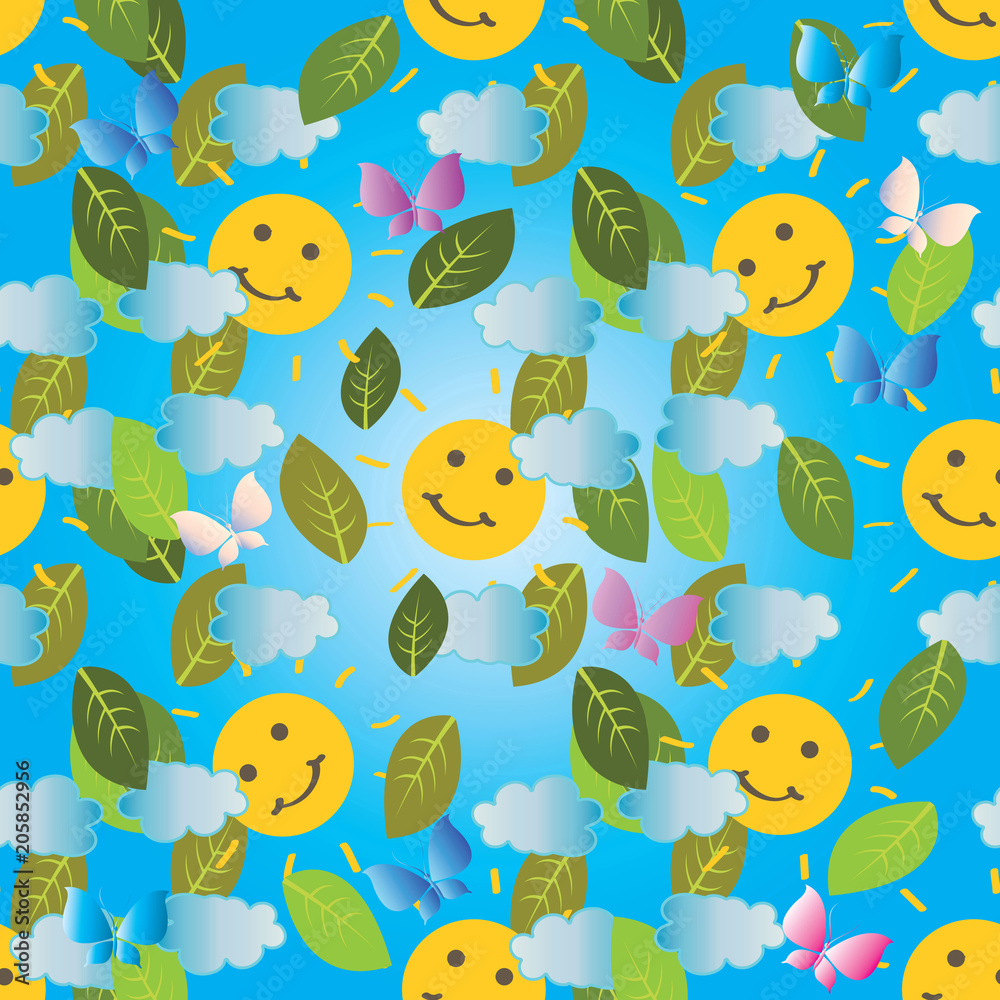 Colorful baby seamless pattern. Vector light blue cute background. Sky, sun, clouds, butterflies, leaves. Beautiful design for baby wallpaper, fabric, textile, clothes, print. Happy summer holidays. Stock Vector