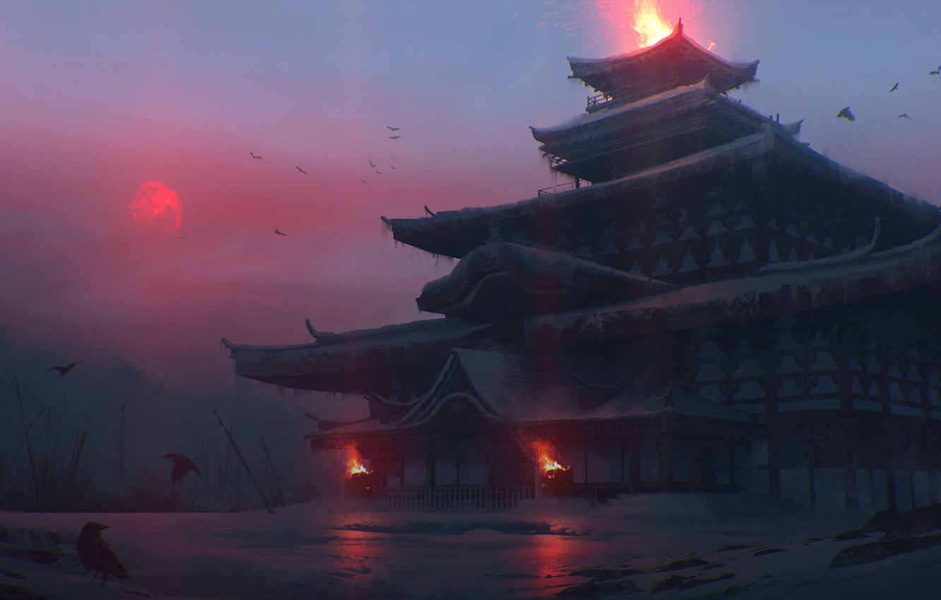 Wallpaper cold, winter, fire, Japan, temple, twilight, red moon, crow, gloomy atmosphere, by Quentin Bouilloud image for desktop, section игры