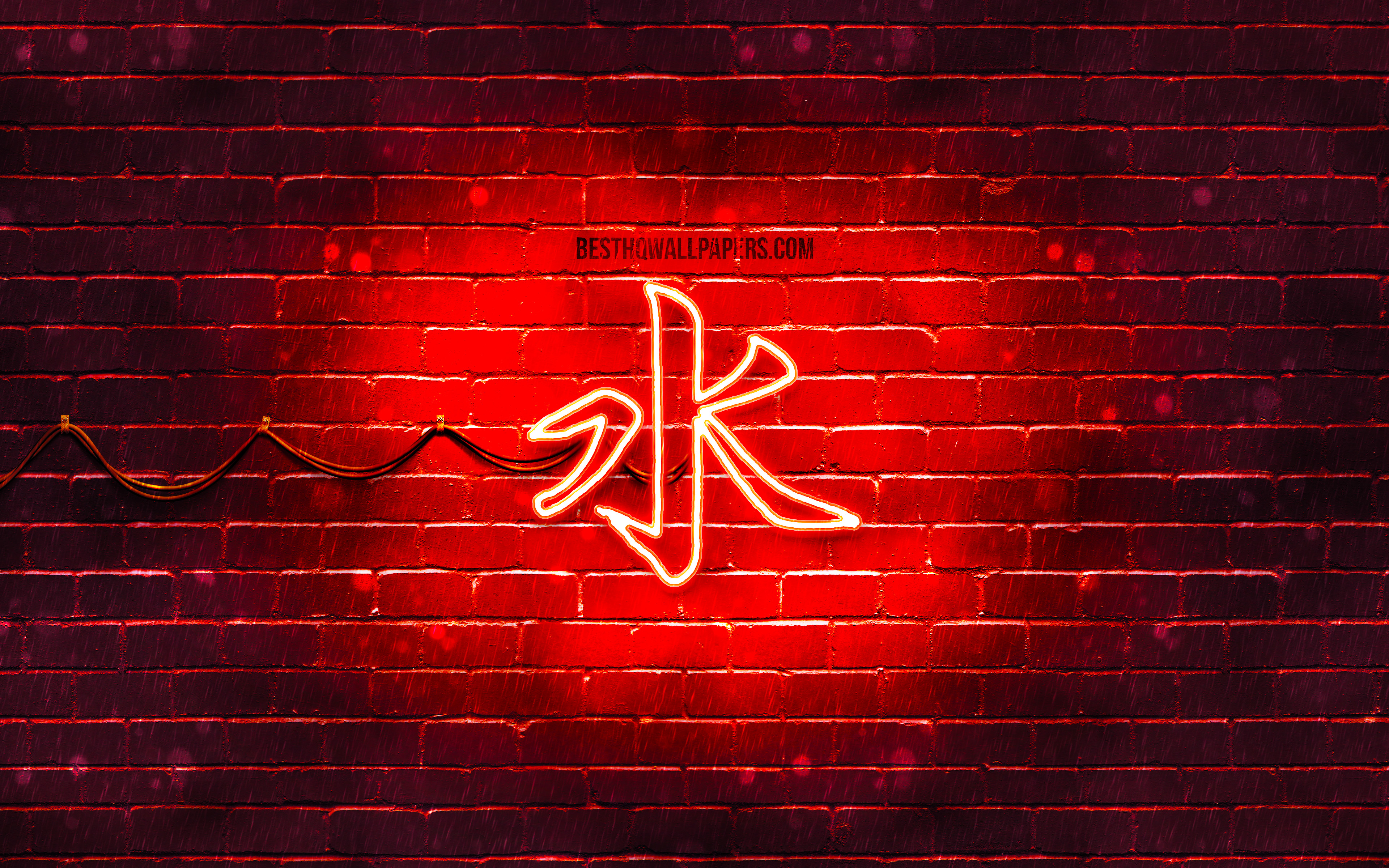 Download wallpaper Water Kanji hieroglyph, 4k, neon japanese hieroglyphs, Kanji, Japanese Symbol for Water, red brickwall, Water Japanese character, red neon symbols, Water Japanese Symbol for desktop with resolution 3840x2400. High Quality