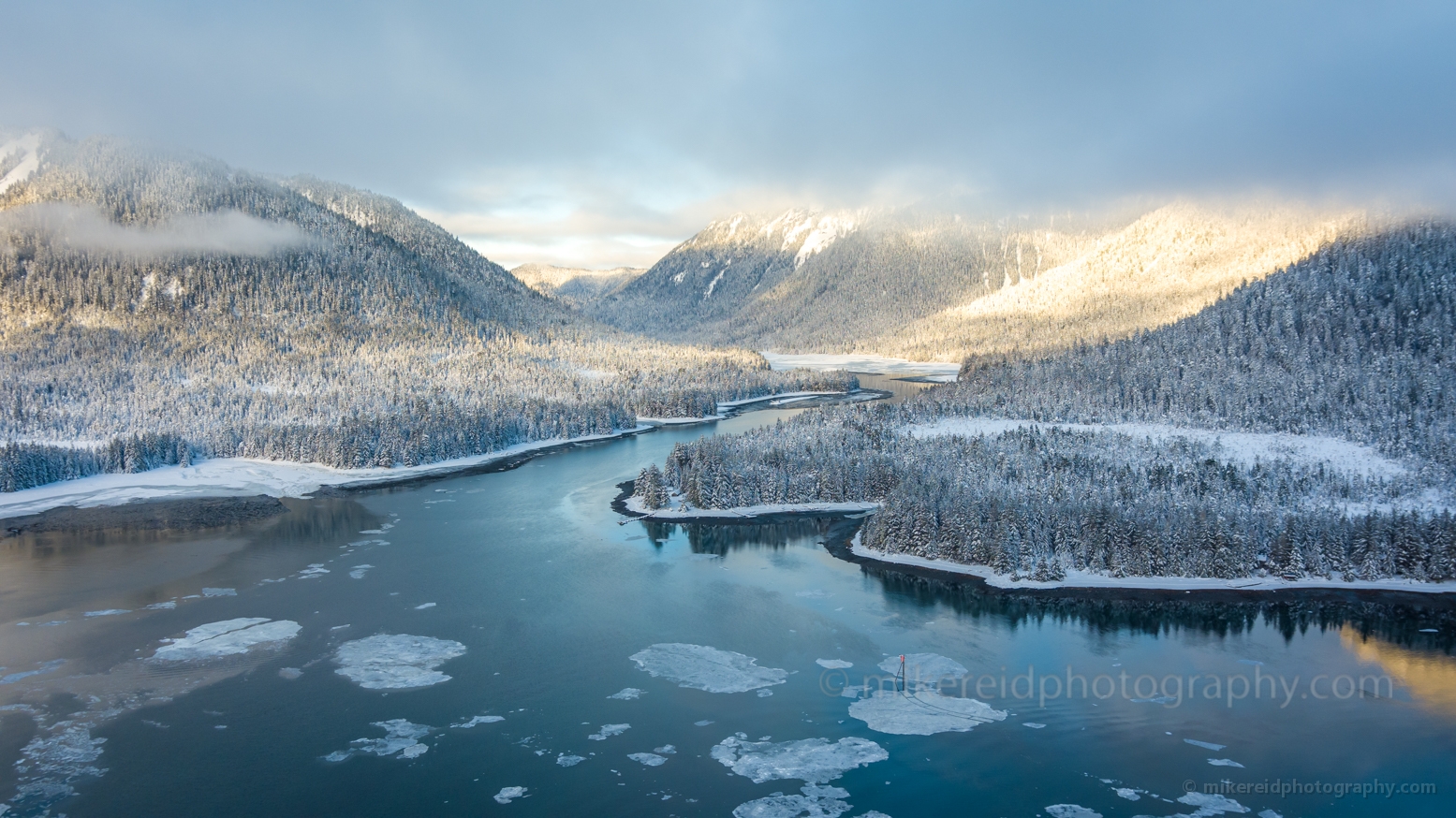 Petersburg Alaska Aerial Winter Path to Petersburg Creek