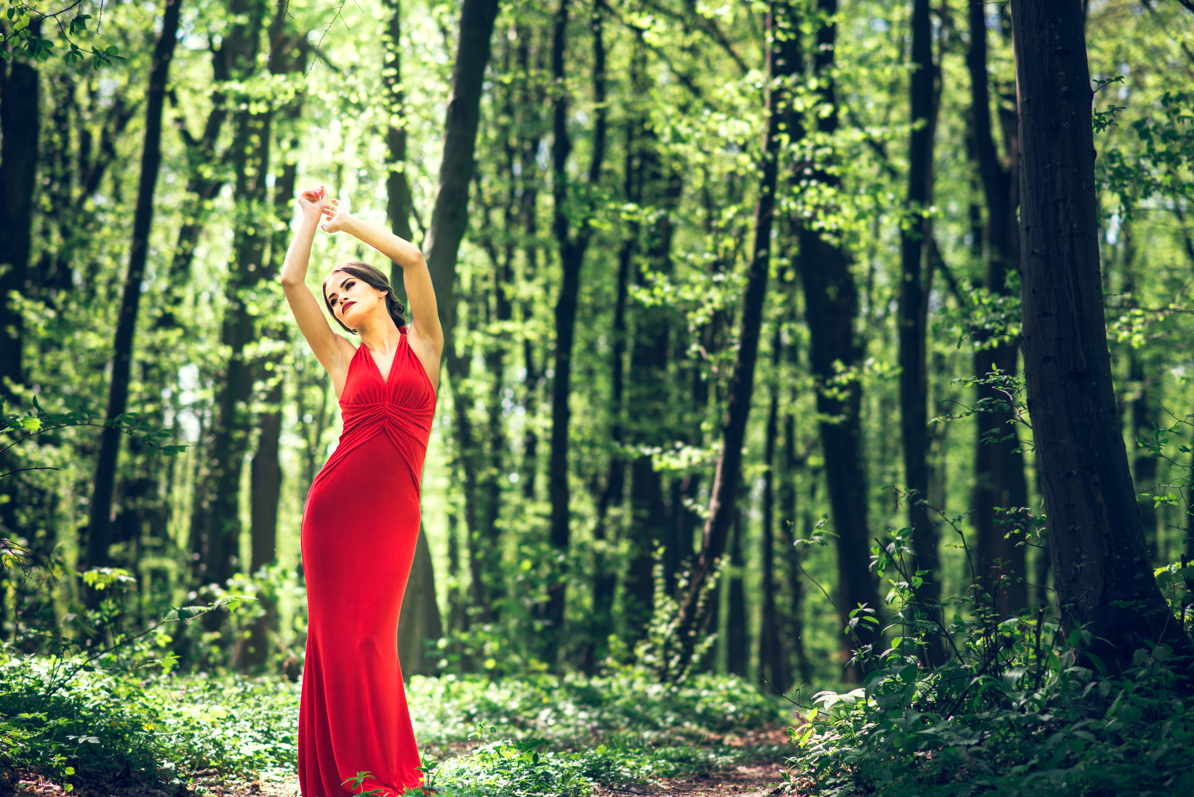 Download wallpaper red, girl, summer, fantasy, , forest, fashion, dress, design, nature, style, woman, wood, young, lifestyle, fairy, section girls in resolution 4000x2669