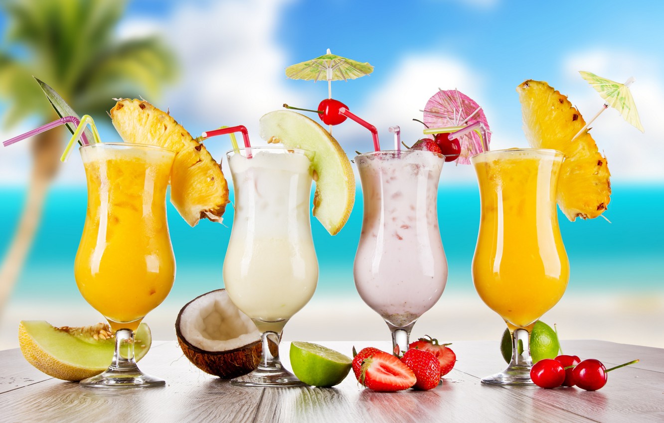 Wallpaper summer, cocktail, summer, food, melon, cherry, strawberry, cocktail, lime, fruits, glasses, coconut, cocktails image for desktop, section еда
