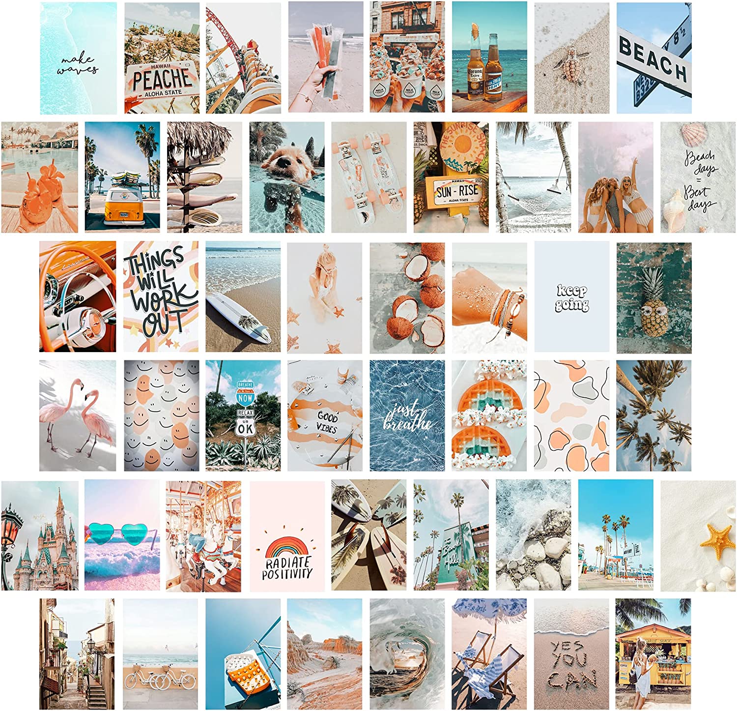 KOSKIMER Summer Beach Wall Collage Kit Aesthetic Picture, 50 Set 4x6 Inch, Peach Blue Room Decor Aesthetic, Trendy Cute Posters for Teen Girls, Preppy Bedroom Decor, Vibey Photo Collage Kit for