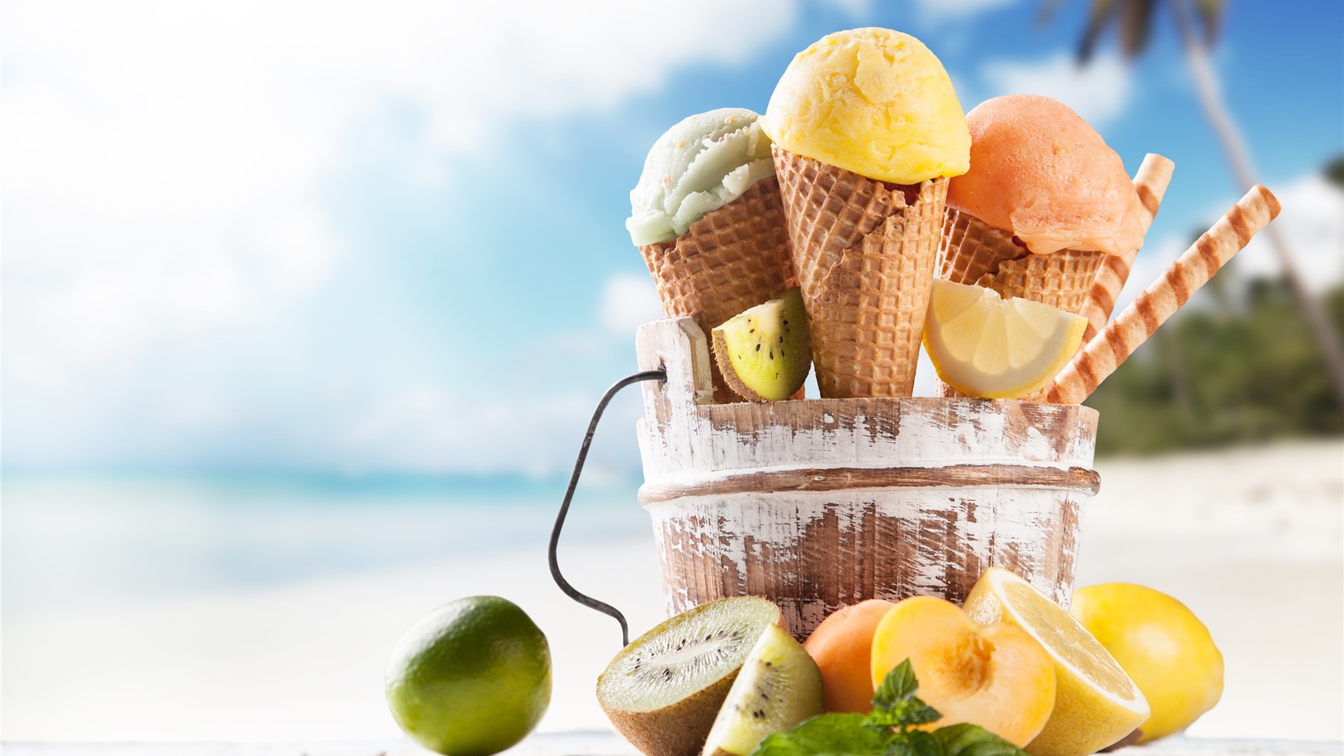 Wallpaper Summer food, ice cream, orange, kiwi, beach 2560x1600 HD Picture, Image