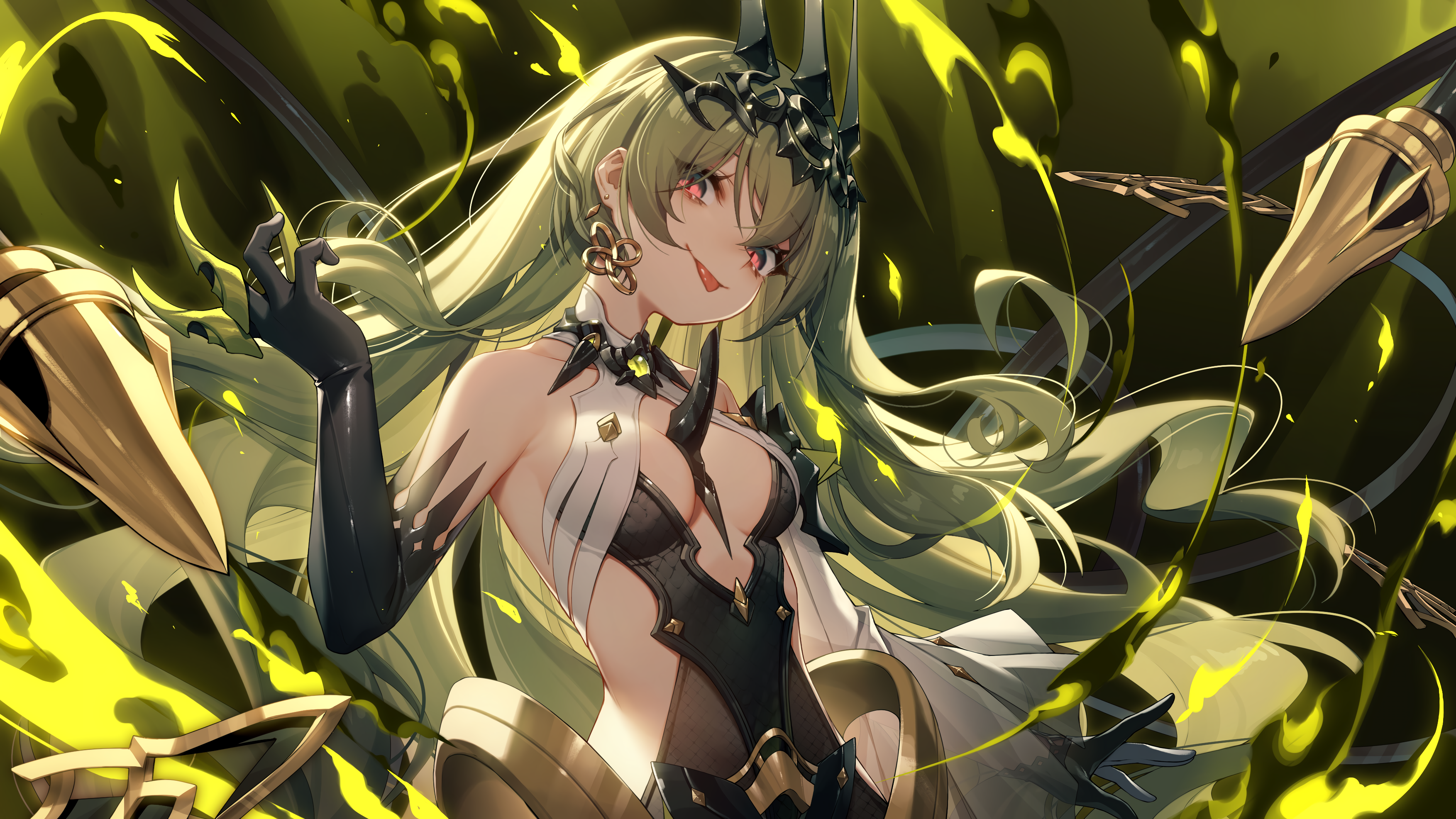 elbow gloves gloves green hair honkai impact long hair mobius ( honkai impact) no bra red eyes tiara. konachan.net.com Anime Wallpaper