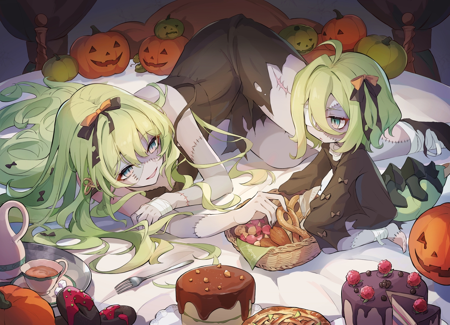 2girls bed cake drink eyepatch food green hair halloween honkai impact loli long hair mobius (honkai impact) nasubi (1ra1ri1ko2cho1mi2na) pumpkin scar. konachan.net.com Anime Wallpaper