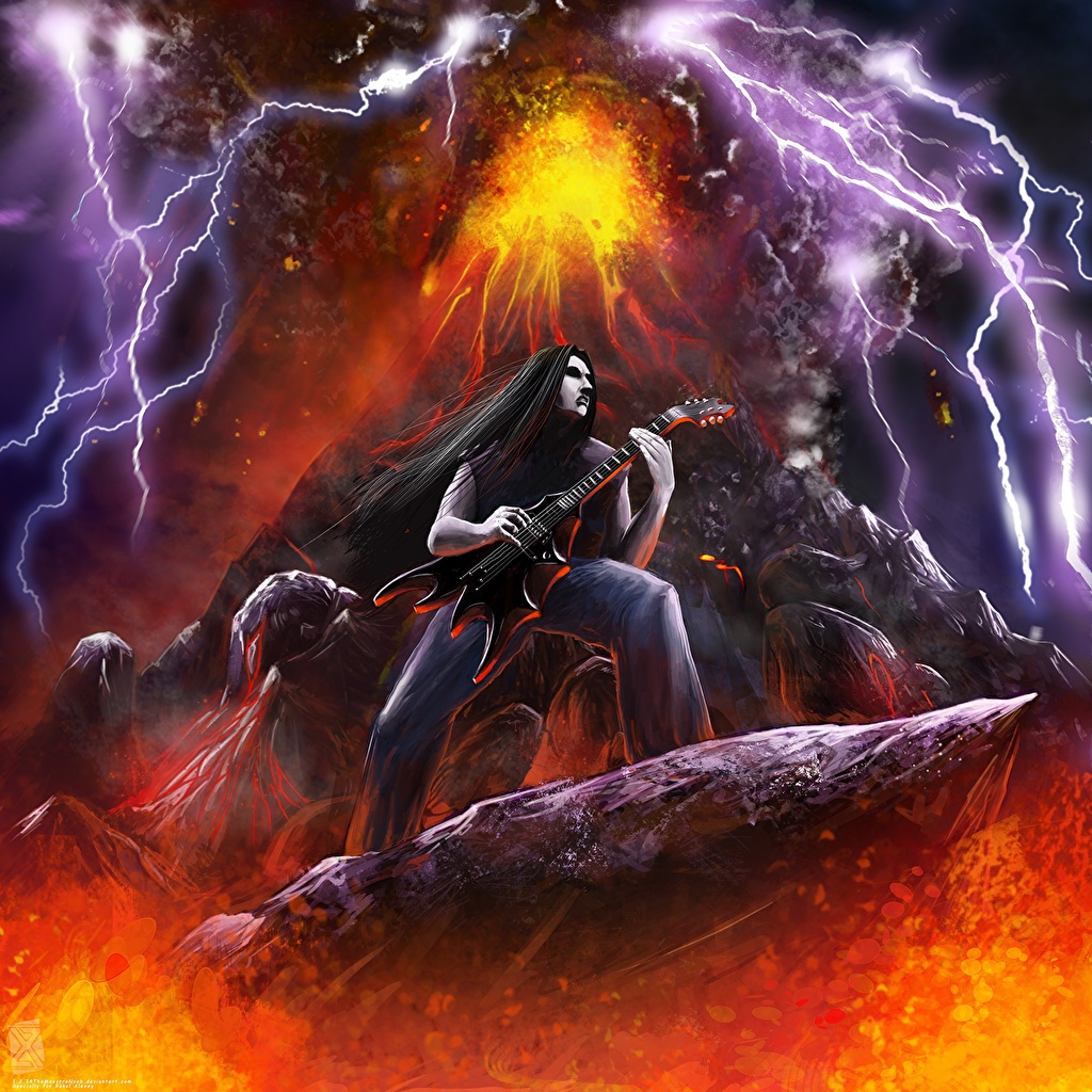 Picture Guitar Volcano Heavy Metal Lightning Music Painting Art
